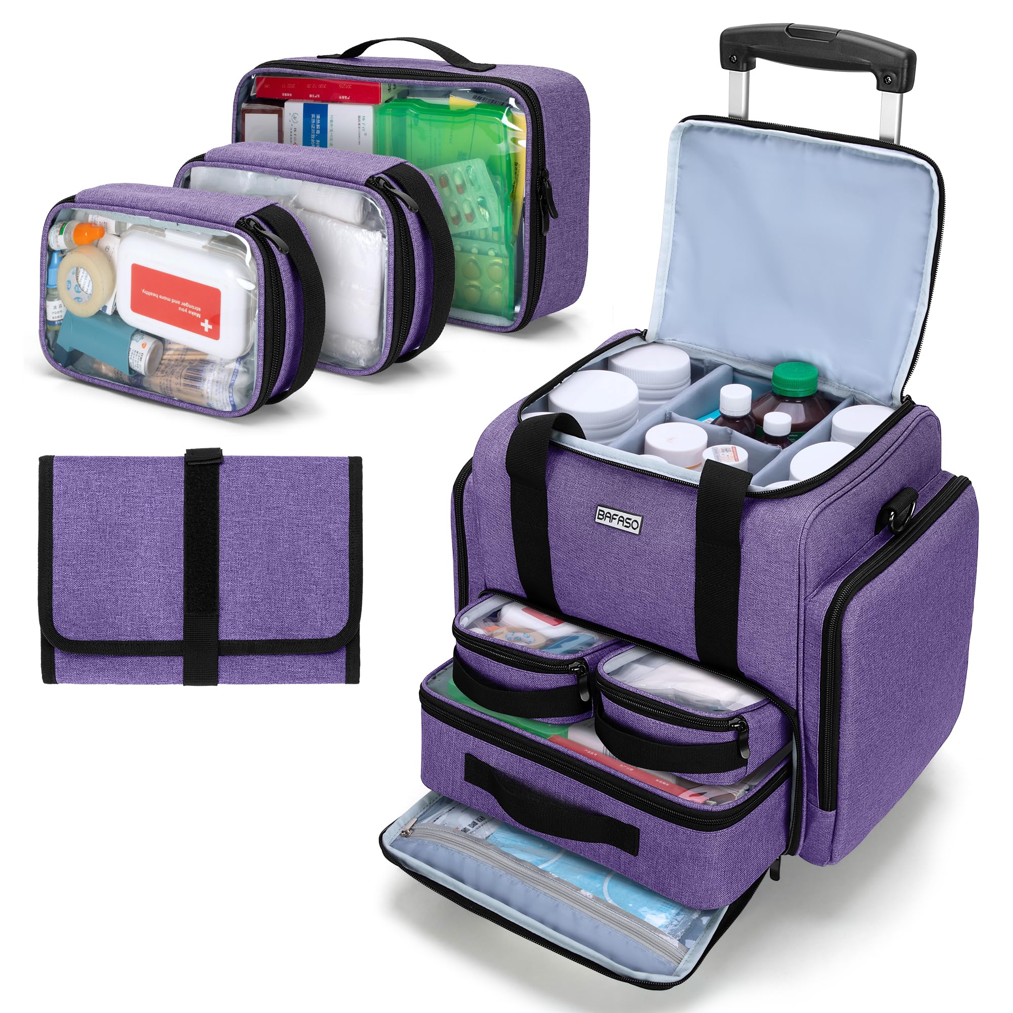 BAFASO Rolling Medicine Bag with 3 Inner Removable Pouches and Detachable Dolly Rolling Pill Bottle Organizer for Daily