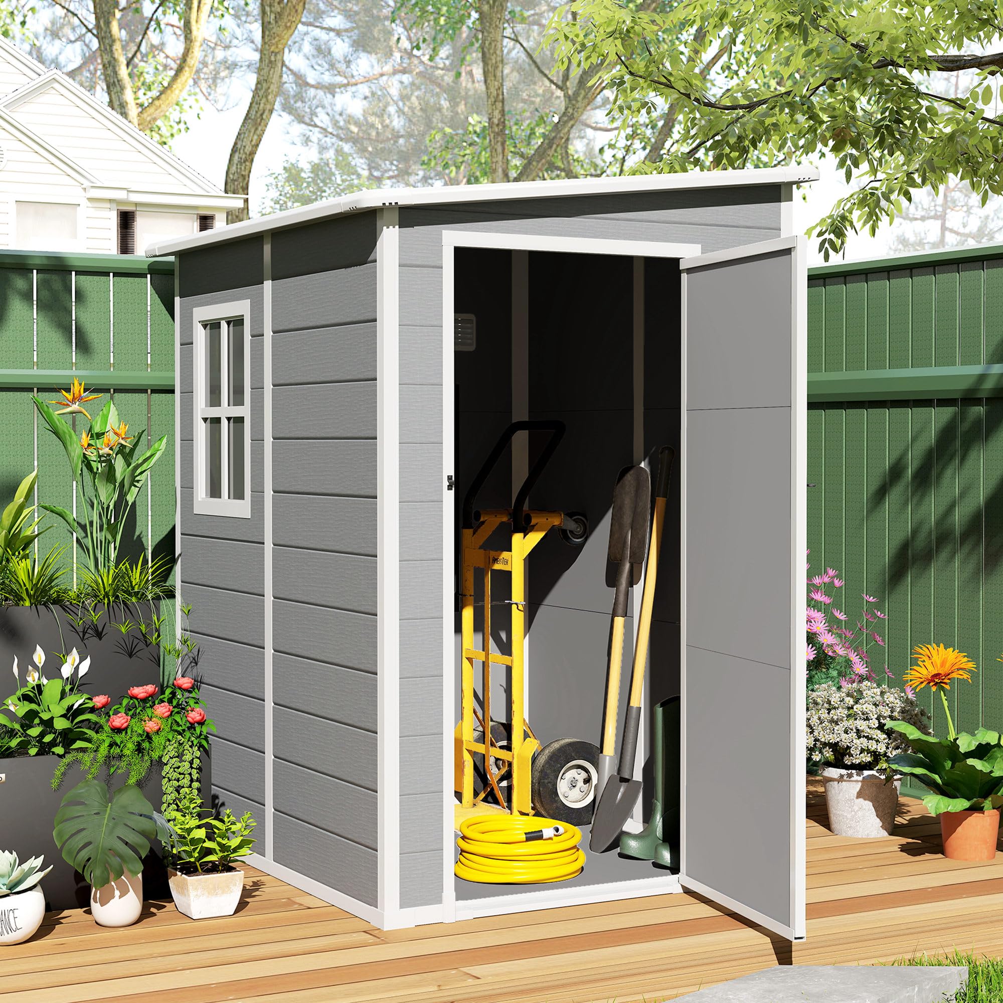 Outsunny Gerätehaus 1,54m³, Gartenhaus mit Pultdach, Boden 122 x 149 x 192/177 cm, wetterfest Geräteschuppen mit Abschließbar Tür, Fenster, Gartenschrank aus Kunststoff, für Hinterhof, Garten, Grau