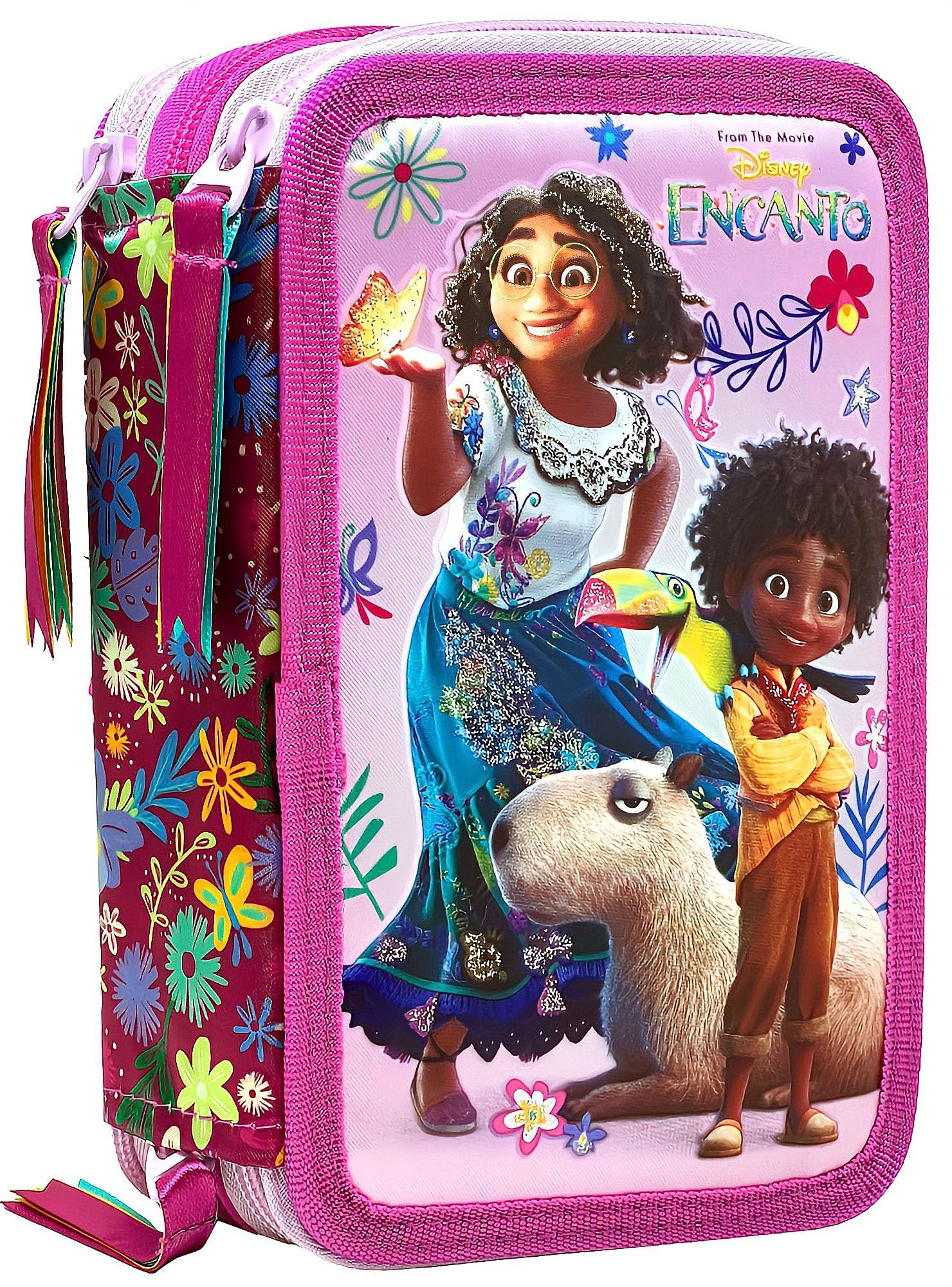 Clondo Estuche Triple Relleno para Niñas, para Encanto Fan, 44 Accesorios Escolares, Plumier 3 Cierres, Compartimentos Organizados, Lápices de Colores, Marcadores, Pegamento, Tijeras