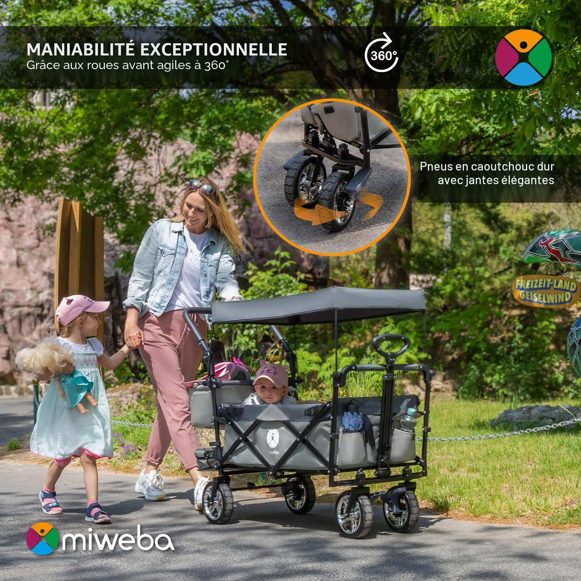 Miweba Chariot pour Enfants MB-20 - Chariot Pliable - Système de Harnais à 2X 3 Points - Frein de Stationnement - Roues en Caoutchouc Dur - Pare-Soleil avec Protection UV (LSF25)