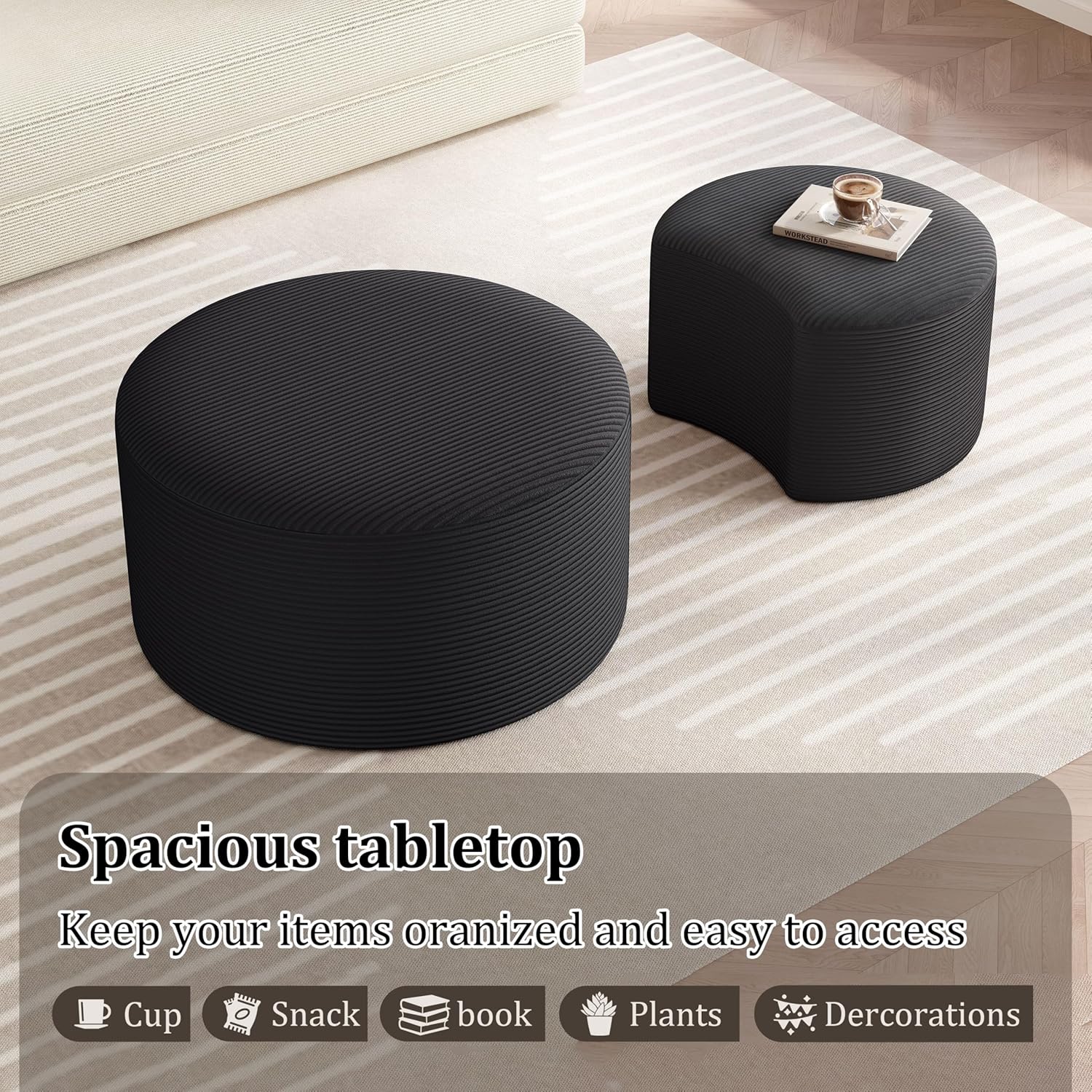 BSHOMGI Nesting Coffee Table Set of 2, Upholstered Round Corduroy Circle Foam Round Side Table for Living Room, Entryway Set, 32"+17" Footrest No Assembly (Black, 32"+17")