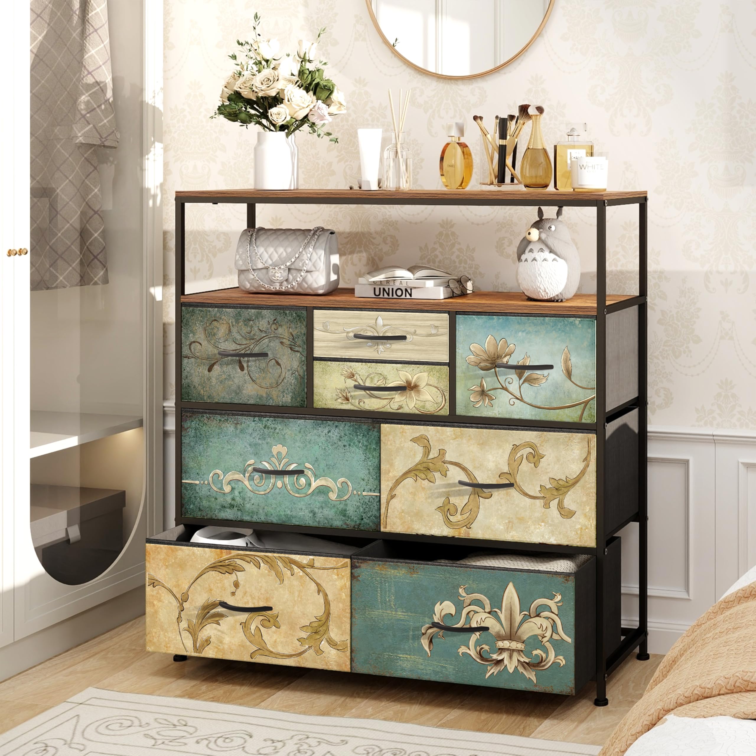 VEDECASA Comò con 8 cassetti in tessuto, tavolo da trucco in stile boemo, supporto TV per camera da letto, credenza con piano in legno, cassetti in tessuto e struttura in metallo, per soggiorno