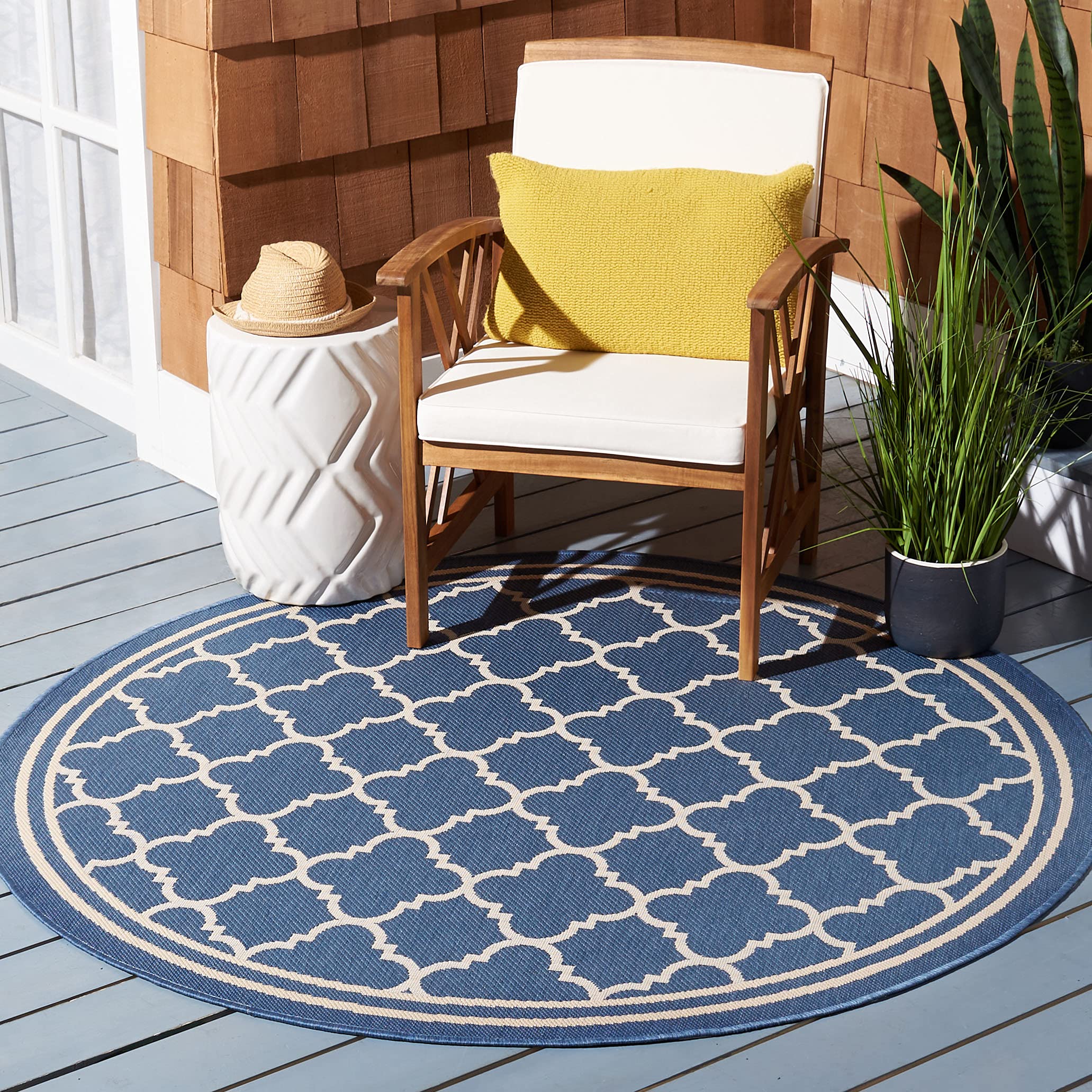 SAFAVIEH Washable Rug Outdoor Courtyard Collection - 7'10" Round, Blue & Beige, Non-Shedding & Easy Cleaning, Ideal for Patio, Backyard, Mudroom (