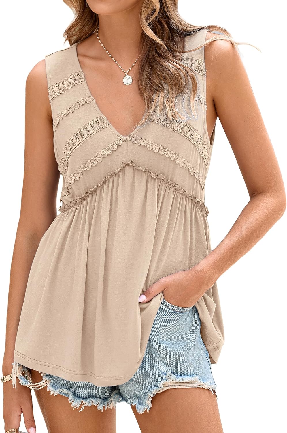 Glamaker Women Summer Tank Tops Babydoll Beach Lace Peplum Tops Boho Flowy Sleeveless V Neck Casual Tunic Shirts