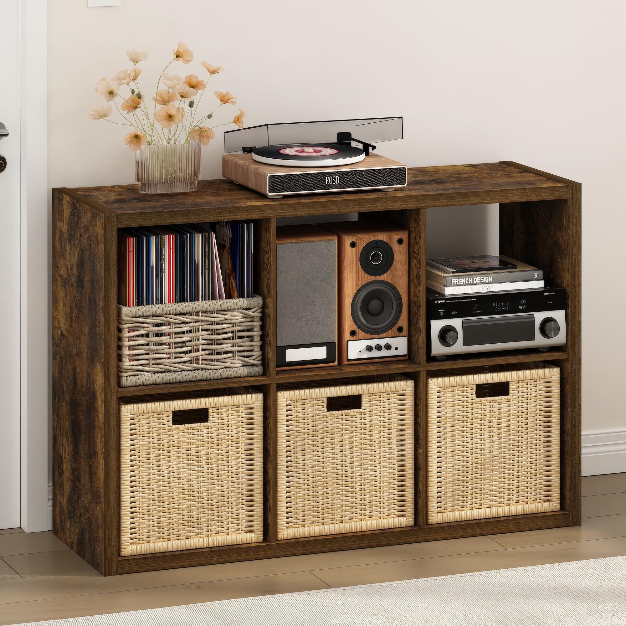 Furinno Cubicle Record Player Stand, 6-Cube Record Storage, Amber Pine
