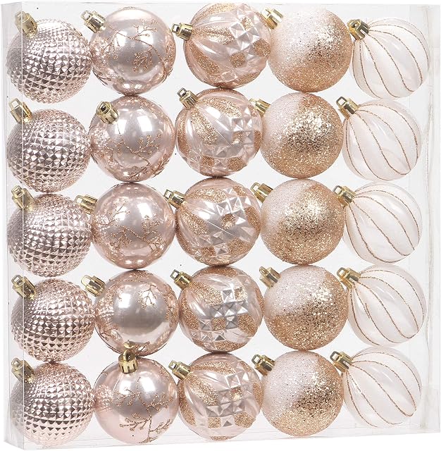 Sea Team 25-Pack Christmas Ball Ornaments with Strings, 60mm/2.36-Inch Medium Size Baubles, Shatterproof Plastic Christmas Bulbs, Hanging Decorations for Xmas Tree, Holiday, Wedding, Party, Rose Gold
