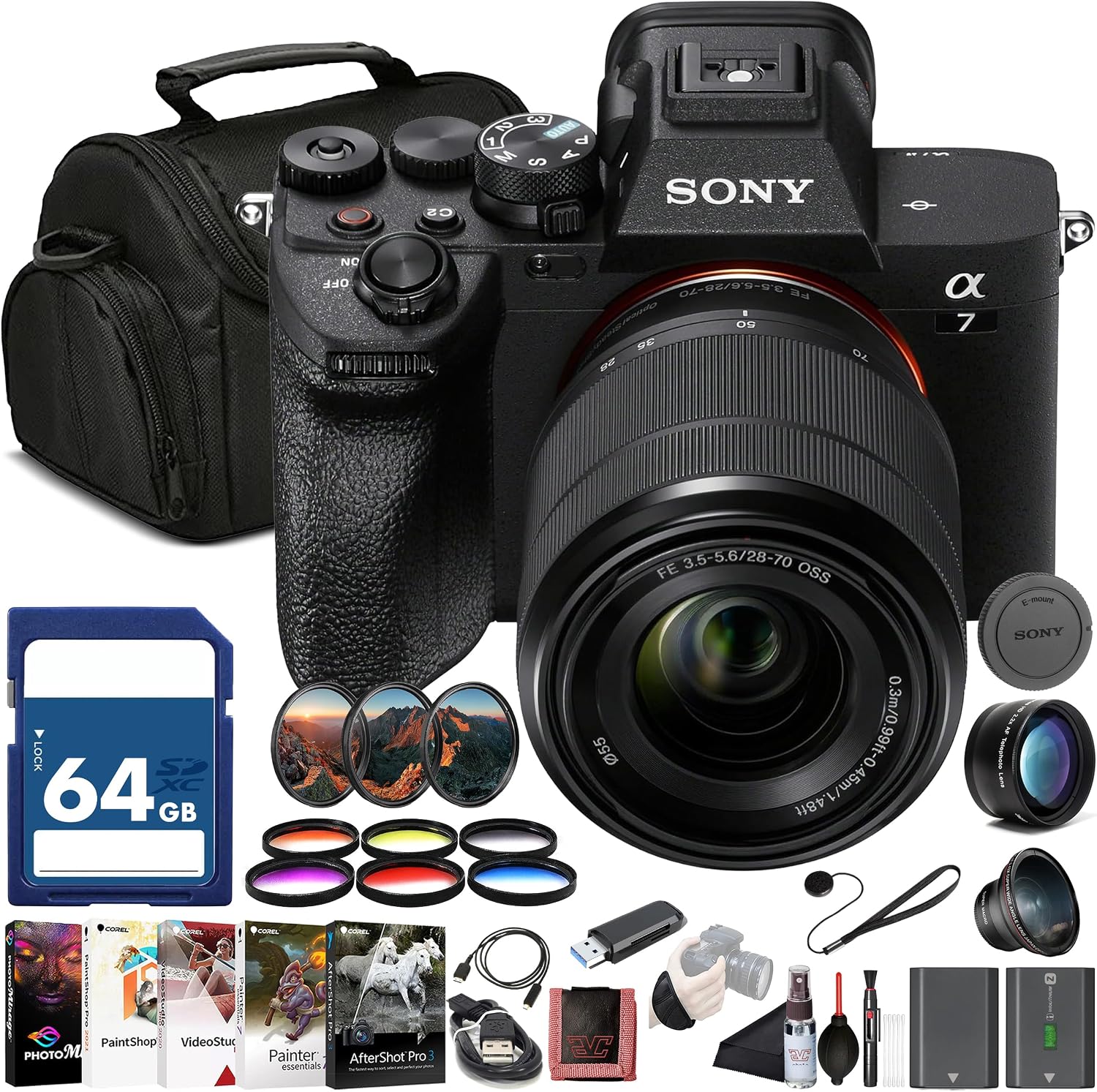 α7 IV Mirrorless Camera with 28-70mm Lens & Filter Kit Bundle | For Photography & Video | 33 MP Full-Frame Sensor | 4K/60p Video | Wide Angle Lens | Telephoto Lens + 64GB Memory Card
