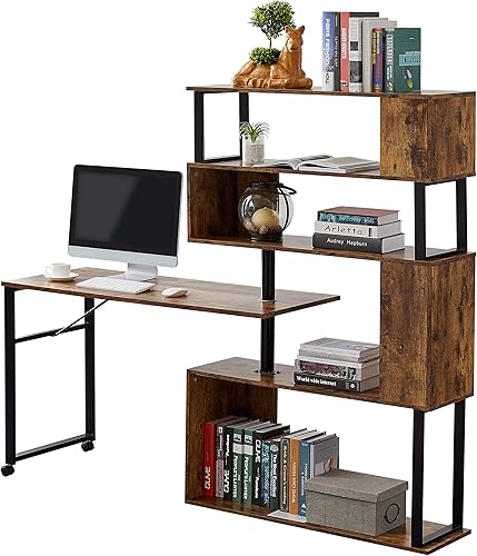Miniatura 8 de kevinplus Escritorio de esquina en forma de L, escritorio giratorio para computadora, escritorio moderno y resistente con estantería de 5 niveles