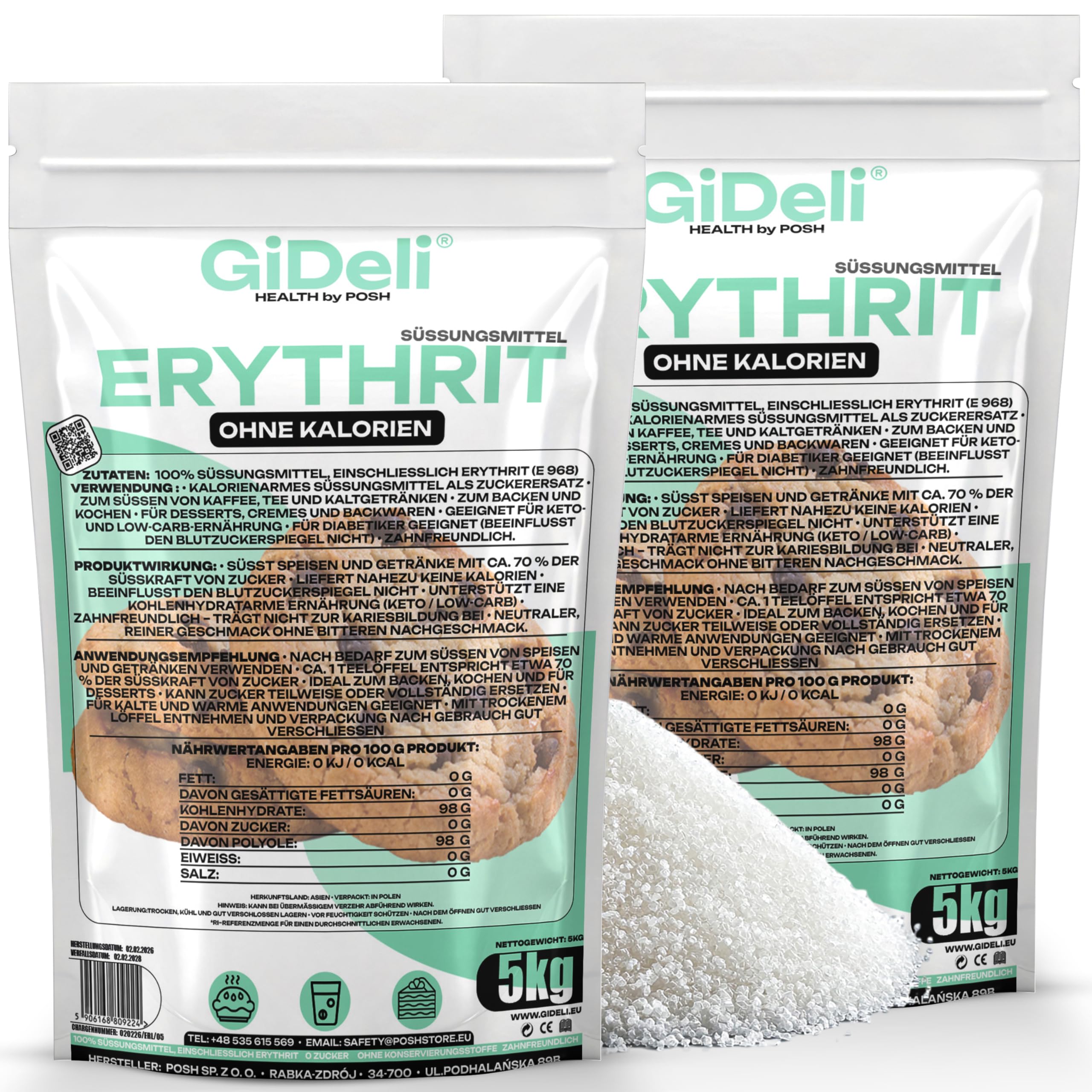 GiDeli Erythrit 10kg Kalorienfreier Kristallzucker Lebensmittel Ersatz als Vegane & Zahnfreundliche Zucker Alternative