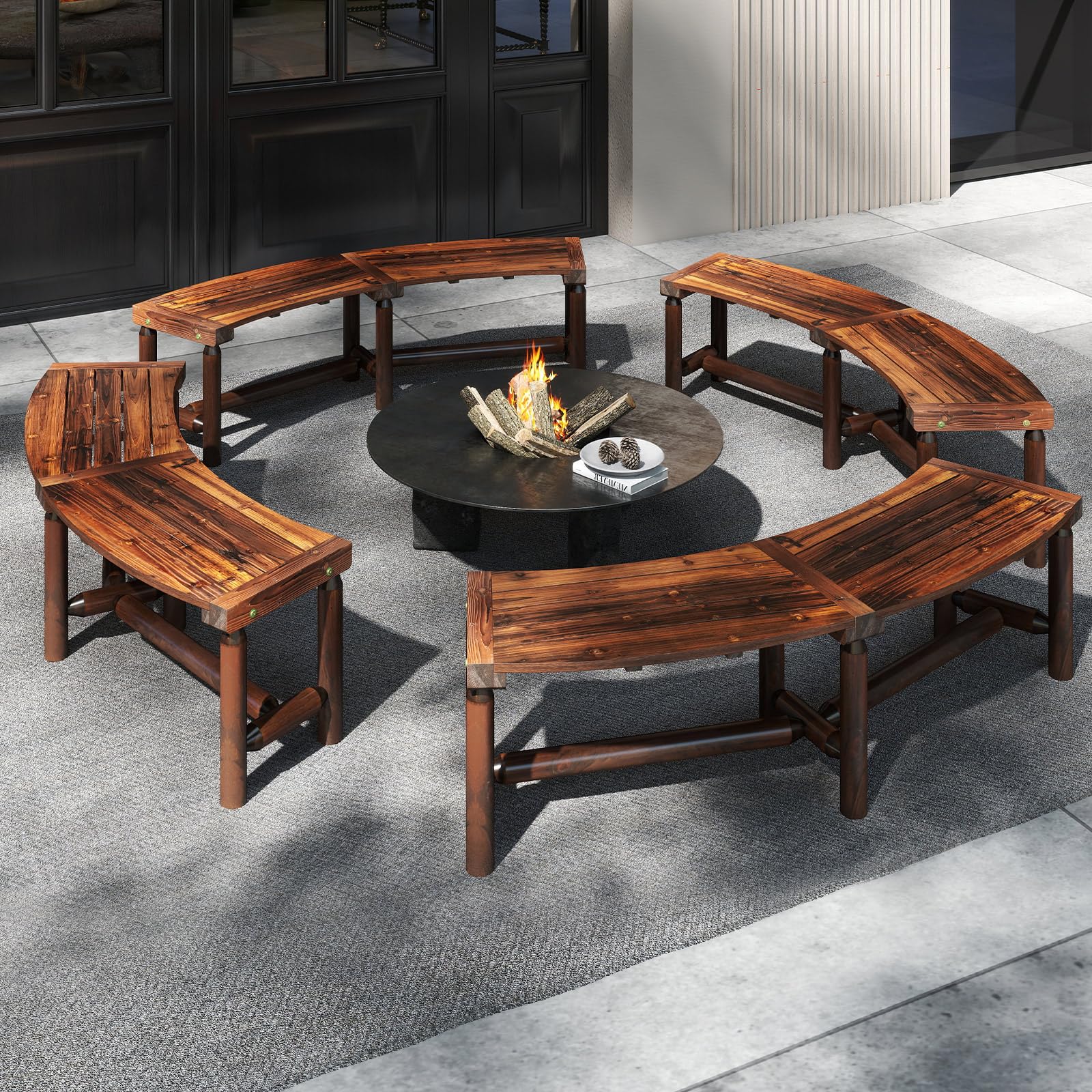 COSTWAY Panchina Curva da Patio, Panchina di Legno Massello per 2-3 Persone, Panca da Fuoco Senza Schienale per Esterni, Giardino e Bordo Piscina, Portata 360 kg (Marrone)