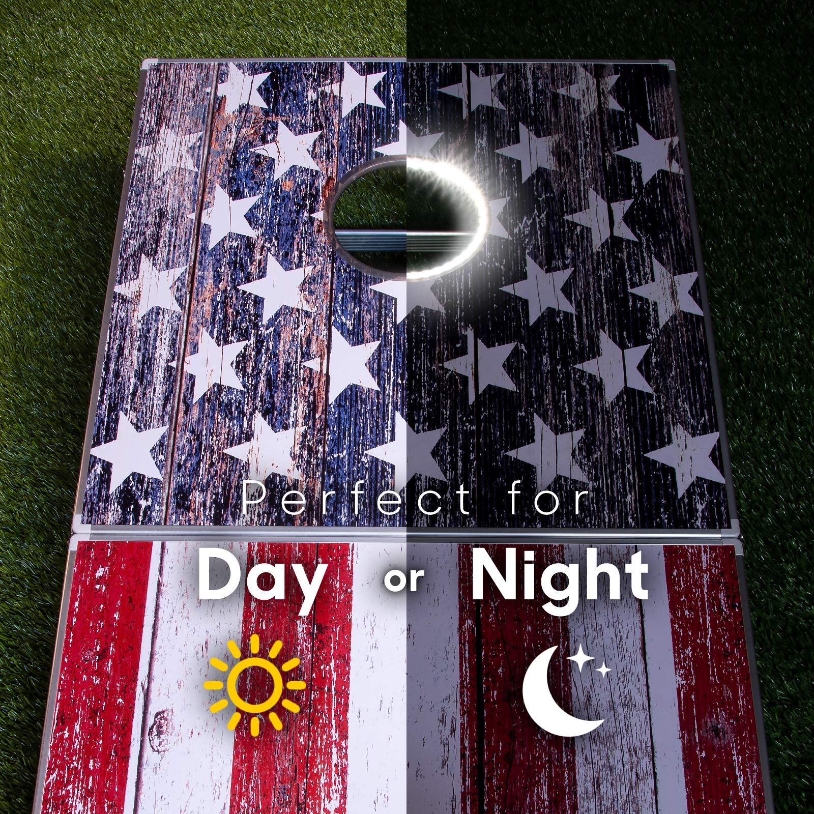 GoSports Juegos de Juego Cornhole de Aluminio de tamaño reglamentario de 4 x 2 pies, Elige Luces LED o estándar. El Juego Incluye 2 Tablas Plegables, 8 Bolsas de Frijoles y Reglas