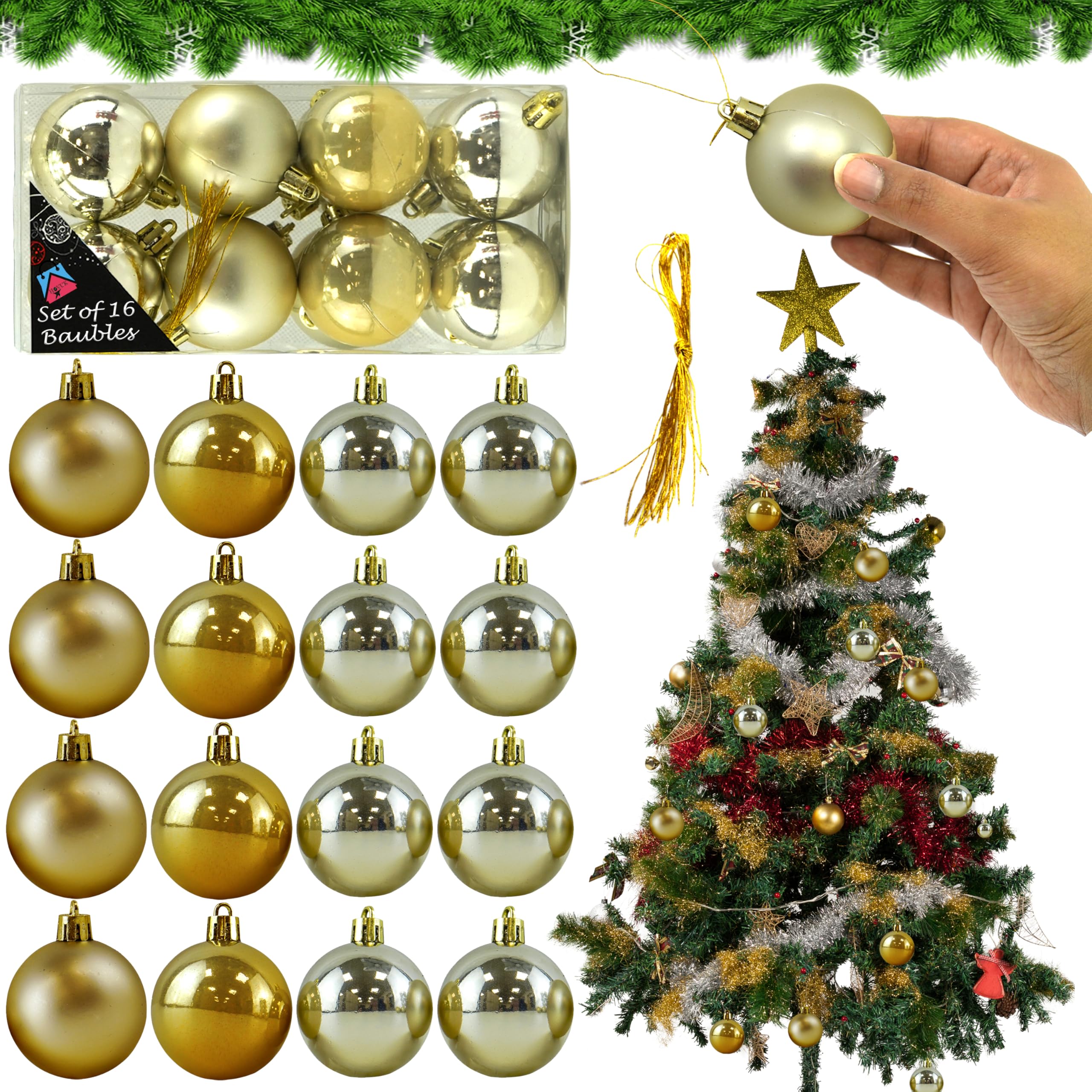 16PCs Gold Baubles for Xmas Tree Decoration 50mm - Shiny Baubles Ornament, Shatterproof Balls for Christmas Hanging Festival Holiday Home Decorations