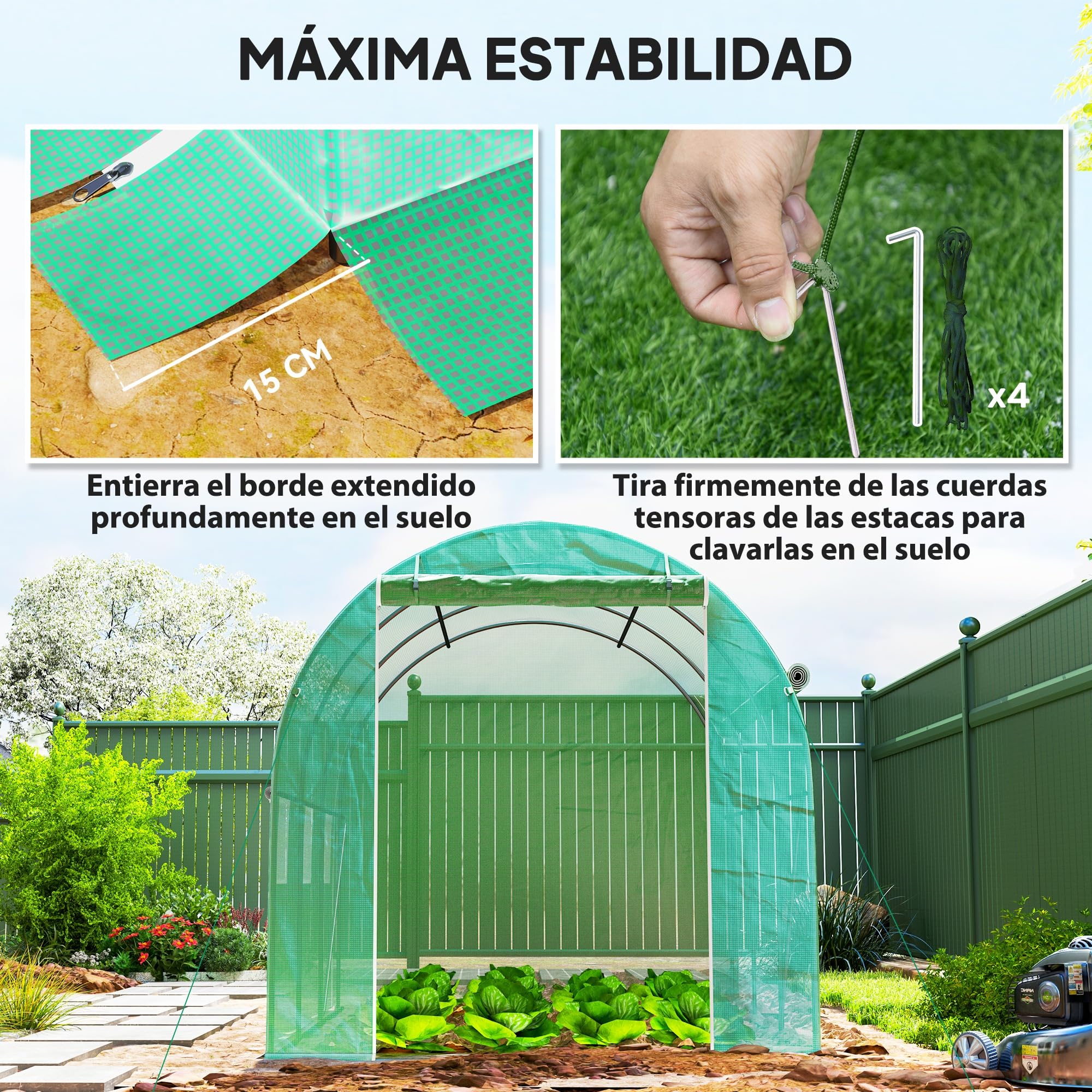 Outsunny Invernadero de Túnel 296x196x200 cm Invernadero de Jardín con 3 Puertas Enrollables 6 Ventanas Cubierta PE 140g/m² Estructura de Acero Galvanizado para Cultivos Plantas Flores Verde