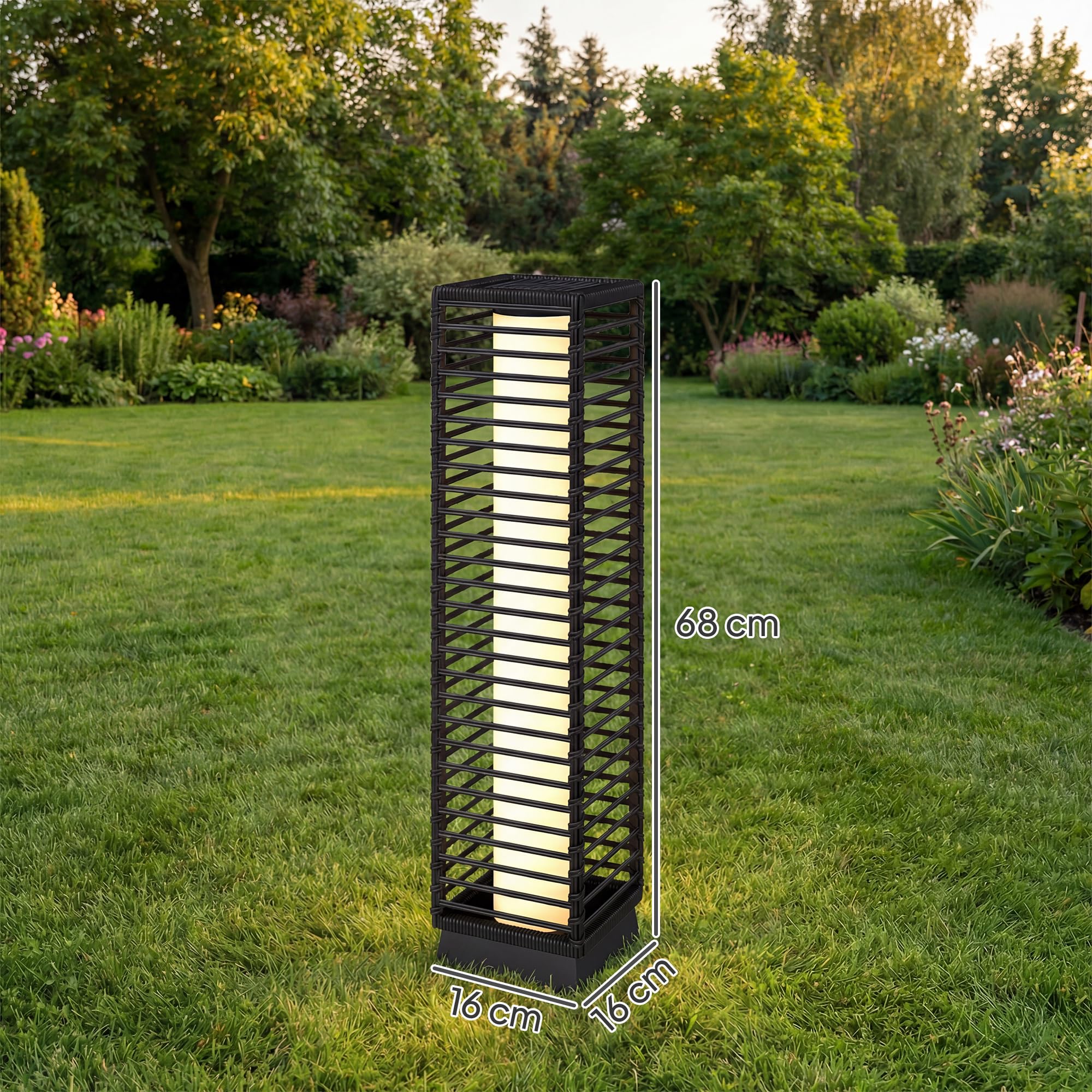 Outsunny Linterna Solar Exterior Resina Trenzada, Negro | Lámpara de pie inalámbrica, recargable, sensor de luz, LED