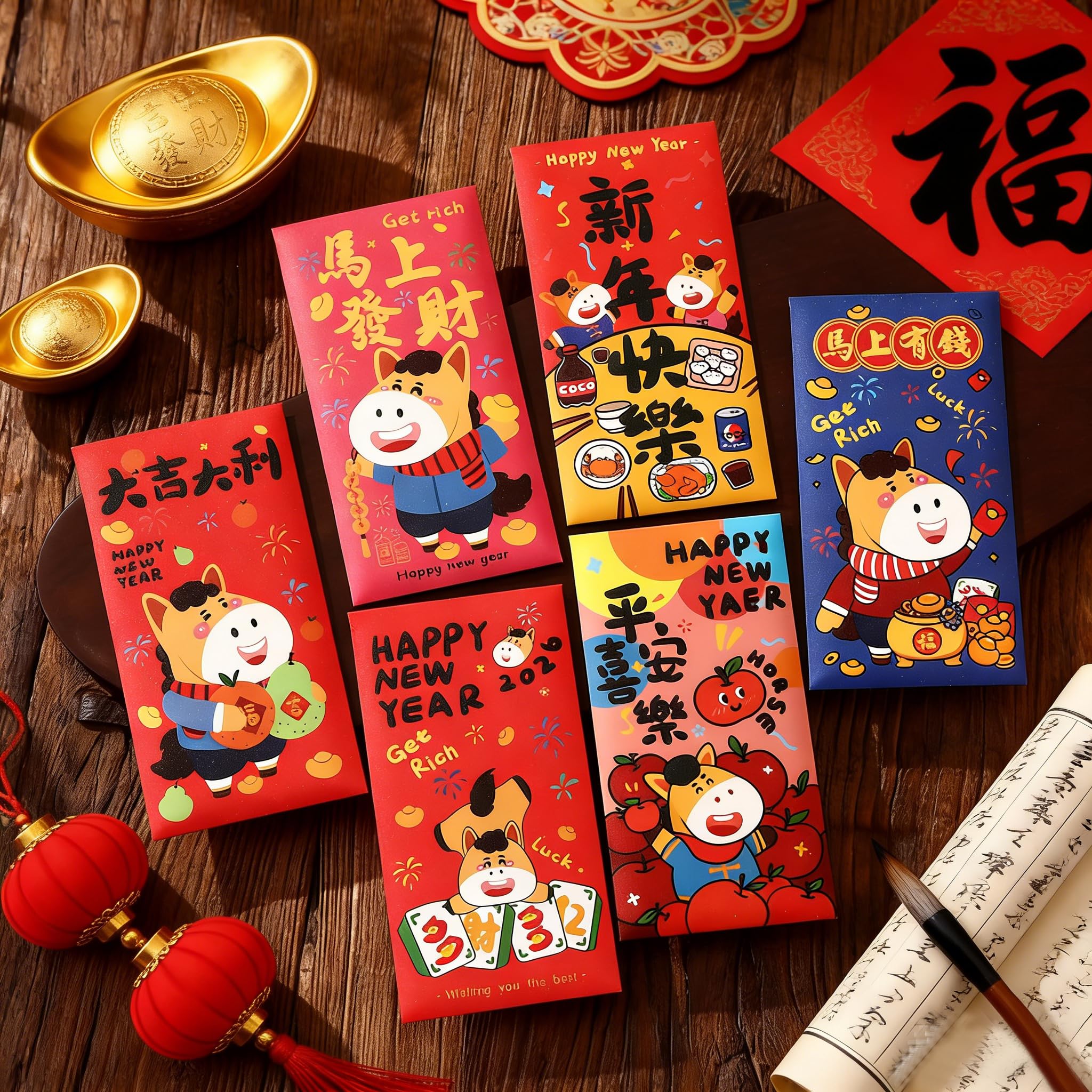 Posoto 2026 Year of The Horse Red Envelopes,24Pcs 12 Styles Cute Cartoon Hongbao Set,Chinese New Year Lucky Cash Packet, Creative Gift Decorations,Festive Pocket Charms for Spring Festival