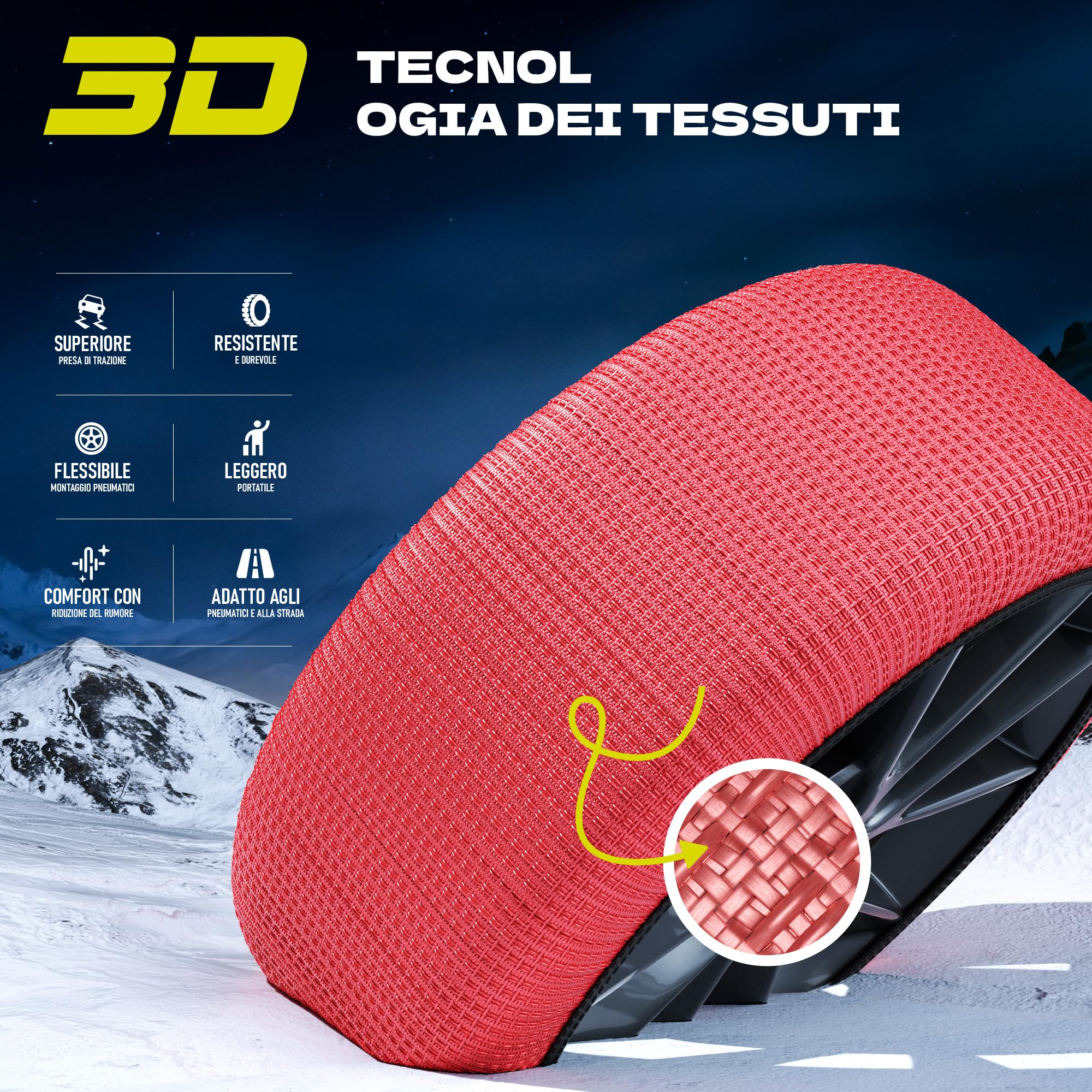 Calze da Neve Omologate Italia EN 16662-1 – Snow Sock, Set di 2 Catene da Neve in Tessuto per Auto, Catene Invernali per Auto, Rosso/Bianco (Rosso, XXL)