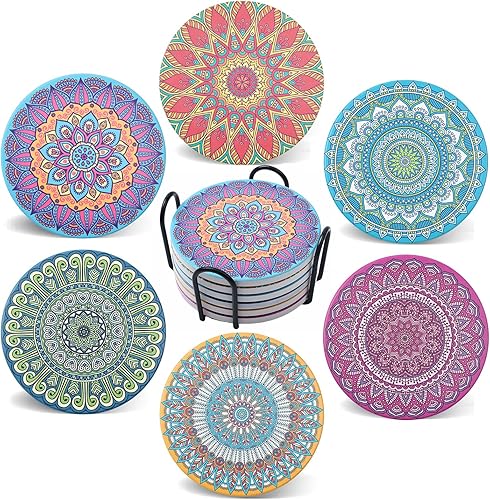 Miniatura 15 de Juego de 6 posavasos de café para bebidas con soporte, posavasos de madera de corcho absorbente para escritorio, mesa de oficina, decoración de