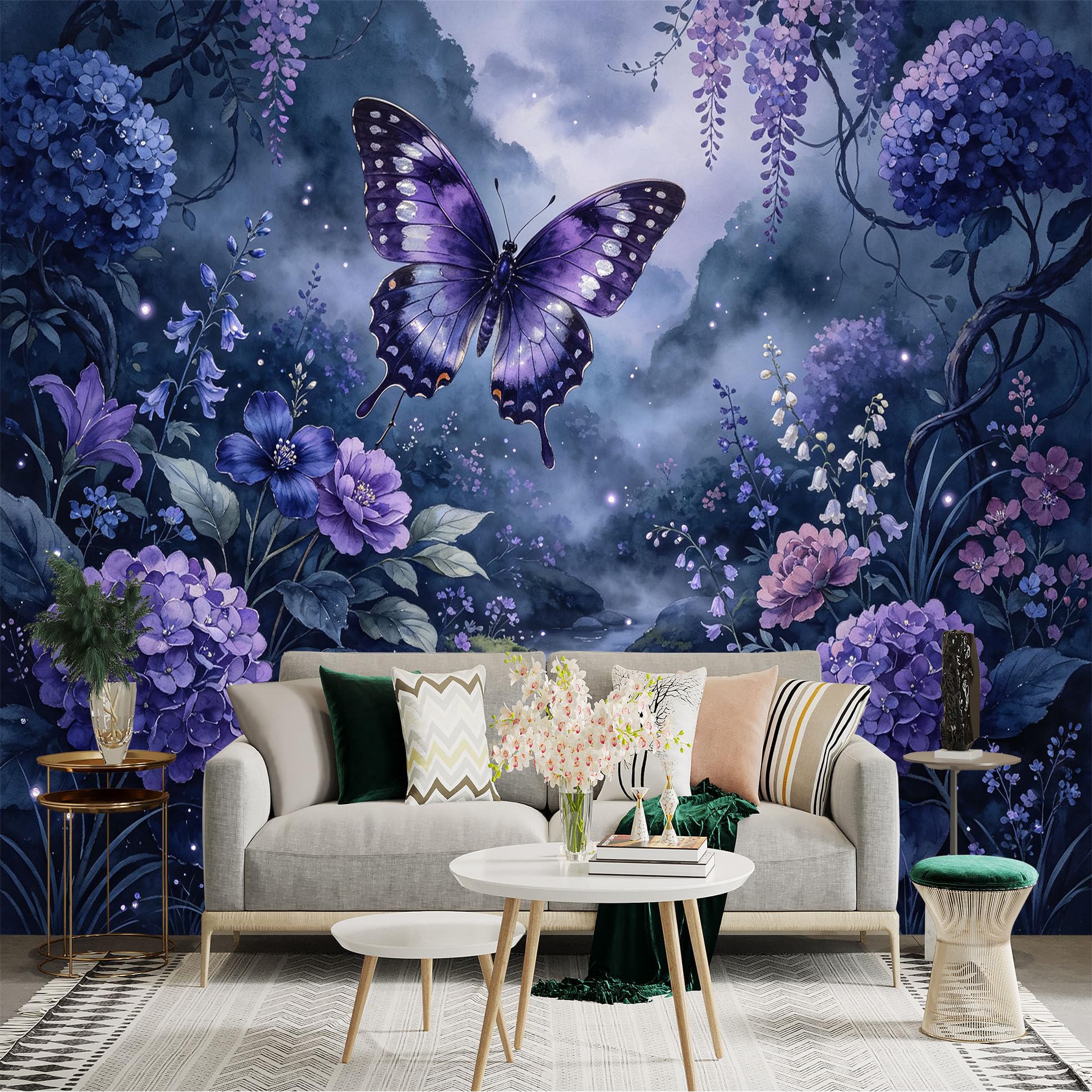 Lnzczhyre Bh260719627 Custom Size Wall Sticker Mural， Purple Butterfly In Enchanted Garden， Blooming Hydrangea Flowers And Mist， For Wall Decoration， Peelandstick Wall Decals.