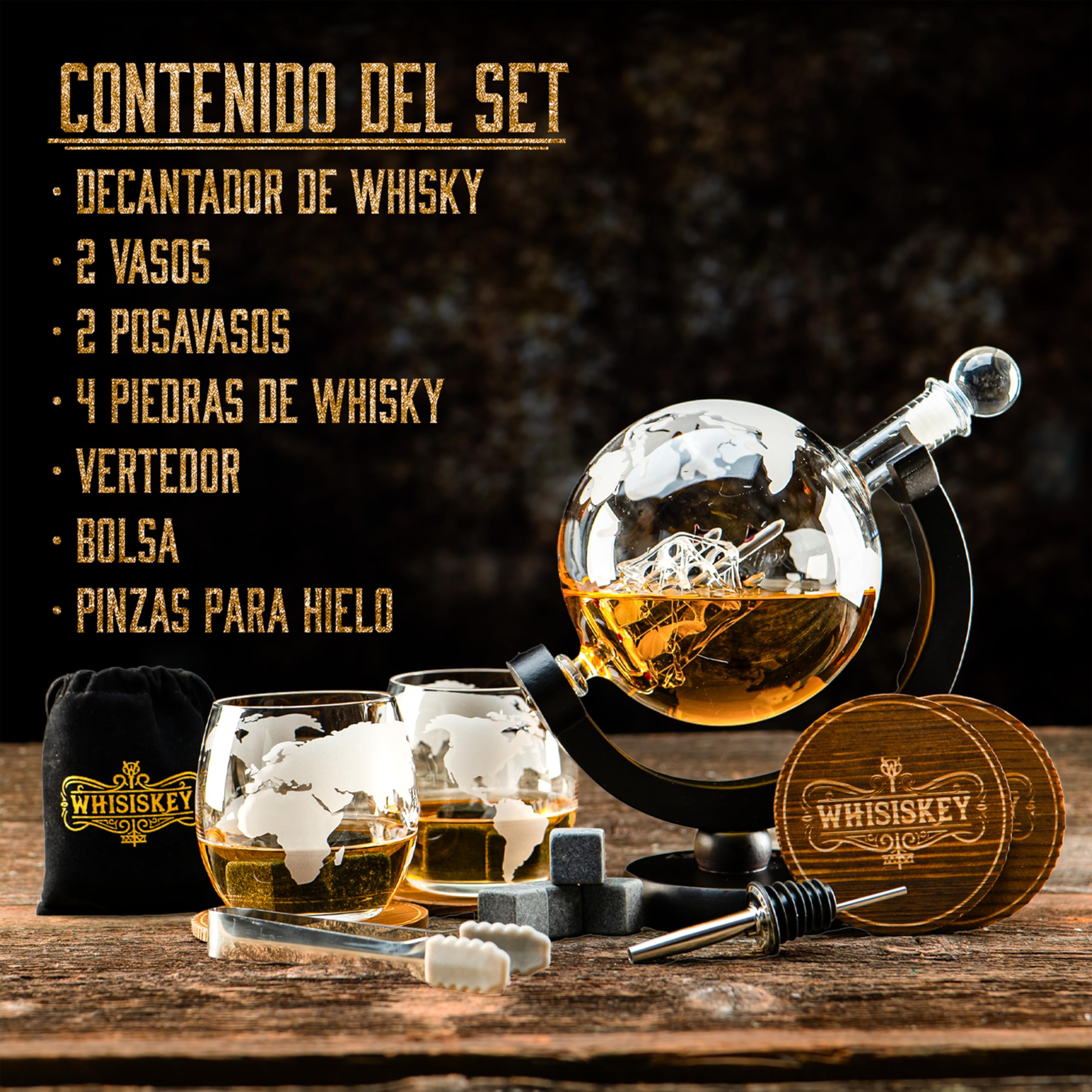 WHISISKEY Decantador de Whisky - Jarra de whisky - Decantador 900ml - Set de Regalo de Whisky - Regalos Originales para Hombres - 2 Vasos de Whiskey x 285ML, 8 Piedras de Whisky, Accesorios