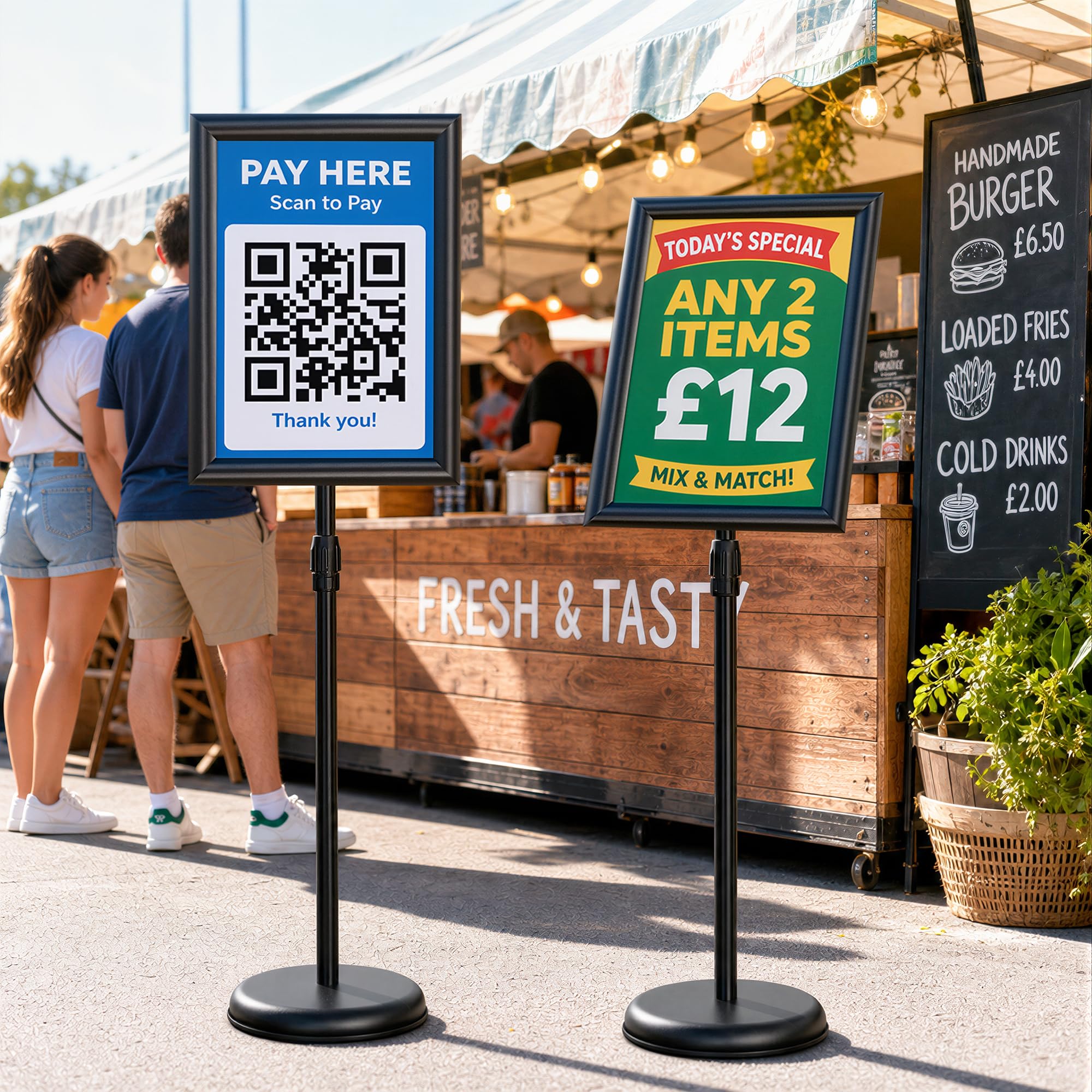 Lote de 4 Soporte para Carteles A3 de Pie – Soporte ajustable para Información, Menús, Póster, Restaurante, Exhibición y Uso en Exteriores, Expositor Publicitario con Marco Clipsable – Negro