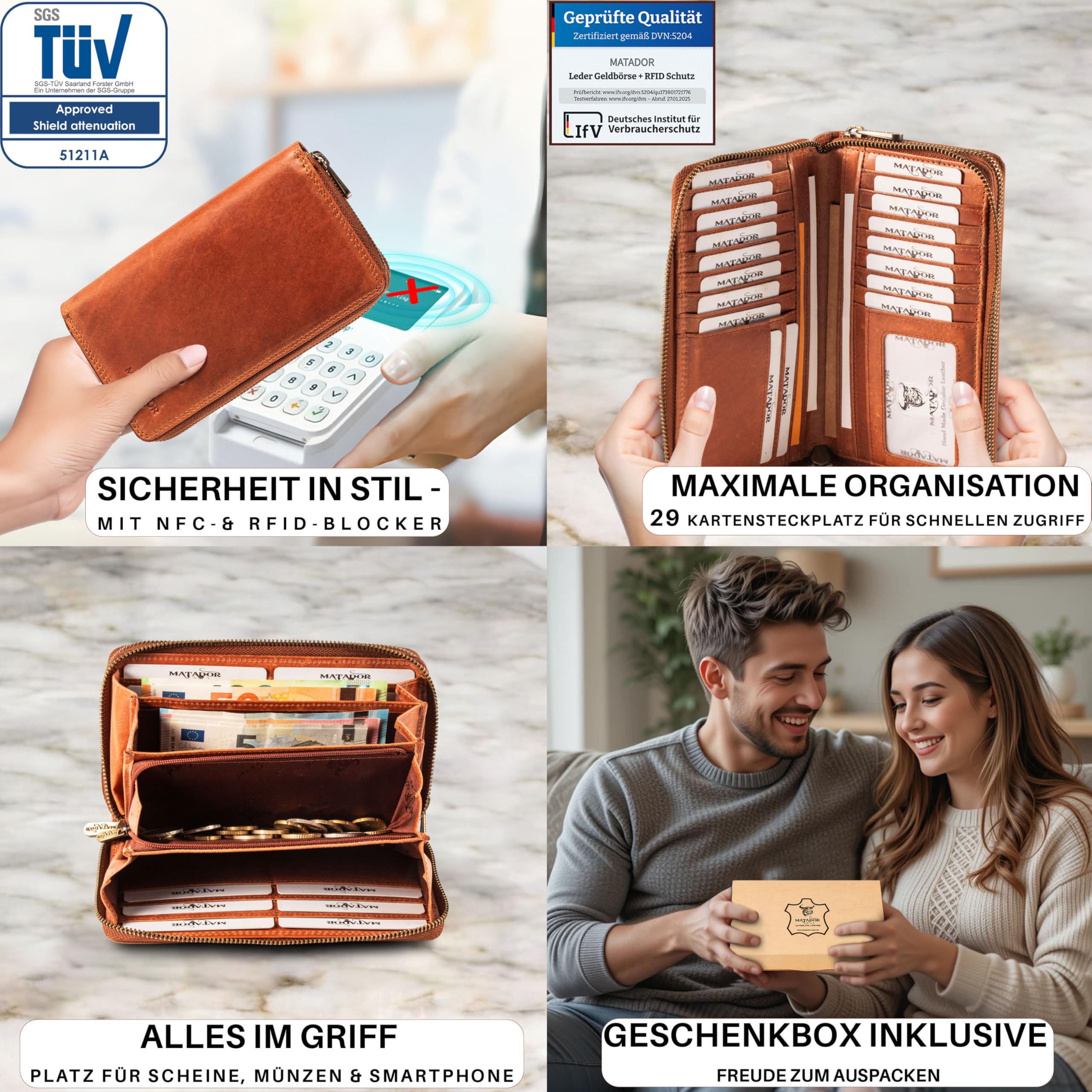 MATADOR Madrid portmonetka damska ze skóry w eleganckim pudełku prezentowym, elegancki portfel z blokadą RFID, luksusowy portfel damski, wiele przegródek na karty, braun konjak, MADRID CLASSIC
