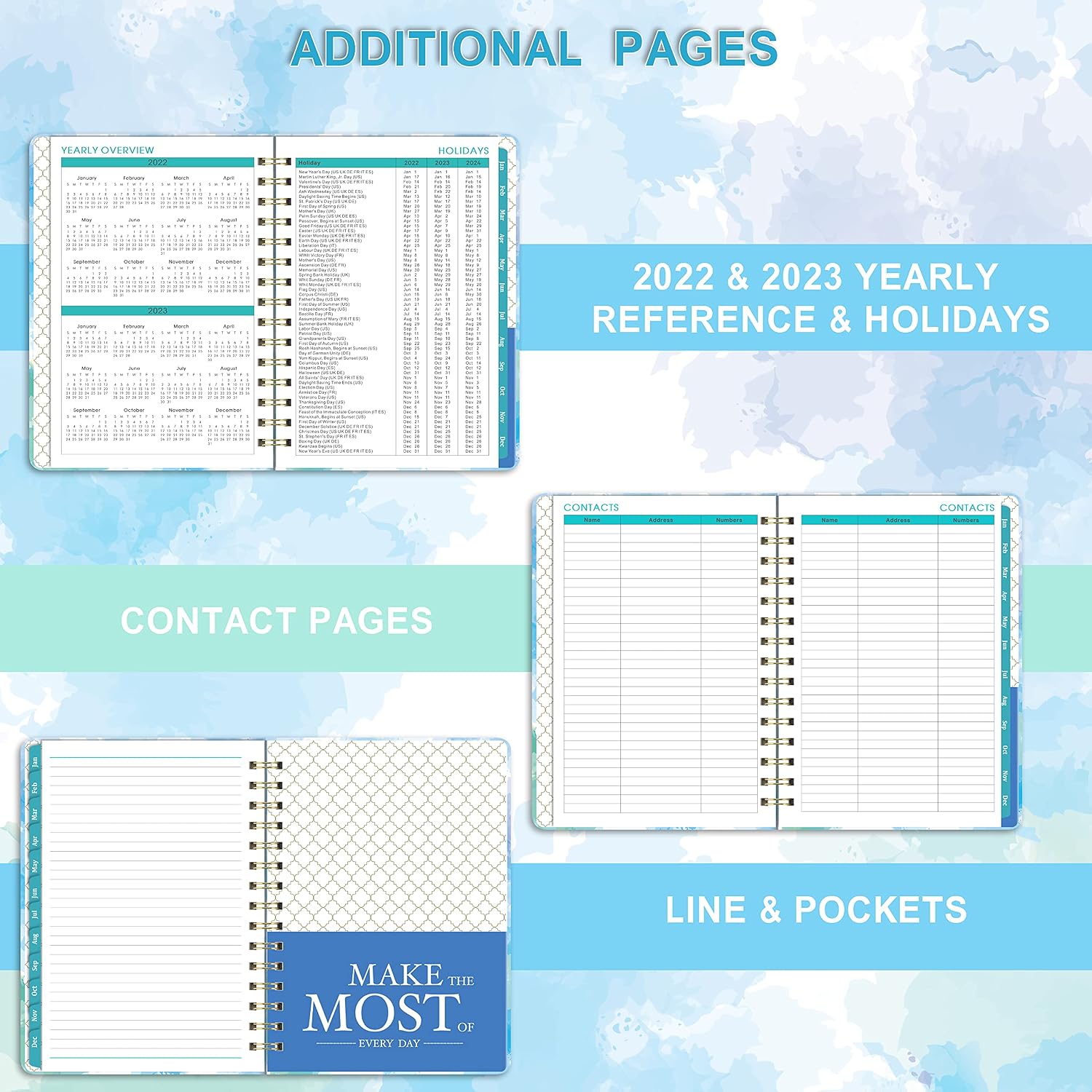 2022 Planner - Planner 2022 Weekly & Monthly with Tabs, January 2022 - December 2022, 6.3" x 8.4", Hardcover with Back Pocket + Thick Paper + Twin-Wire Binding - Blue Watercolor