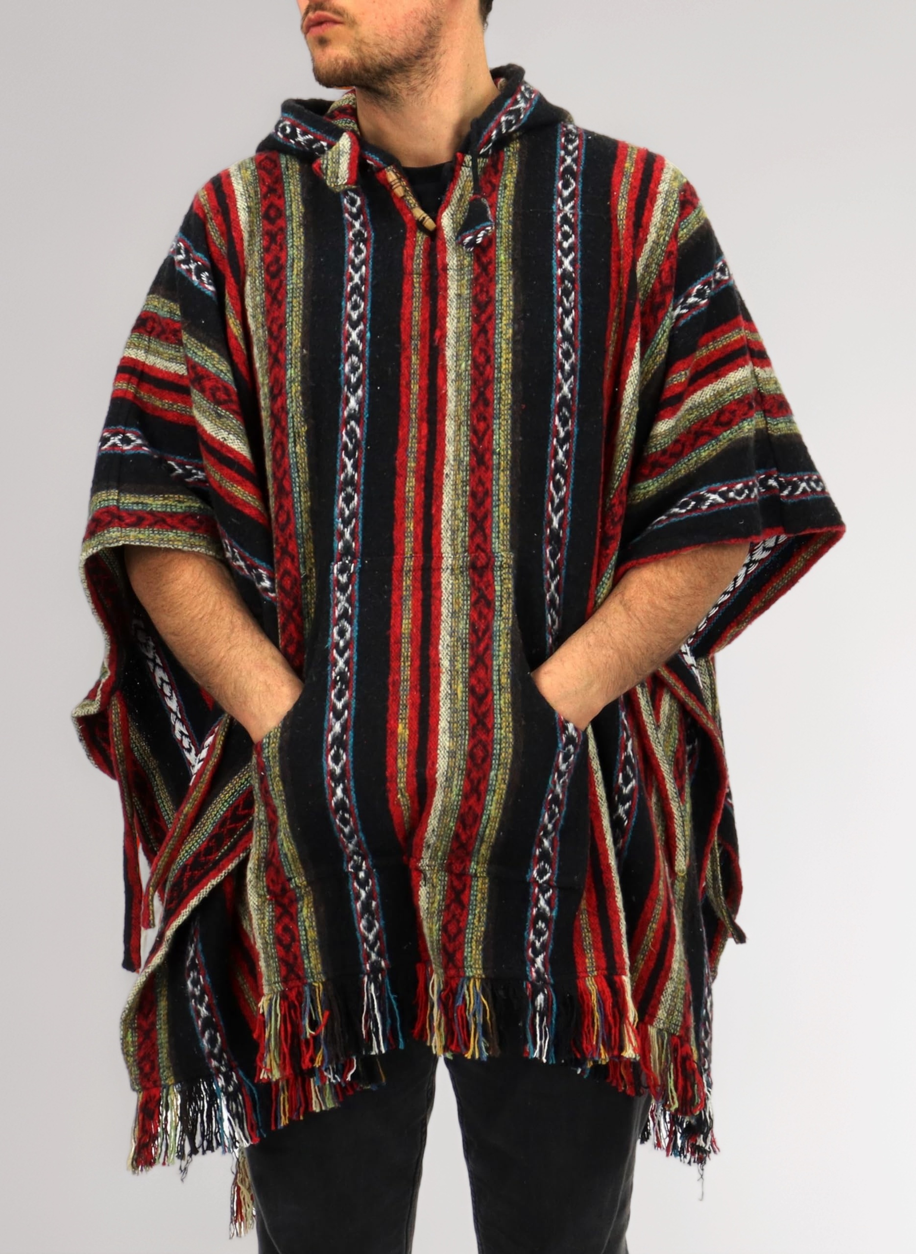 100% Woven Cotton Mexican Style Hooded Poncho Unisex One Size For Camping Festivals Fireside