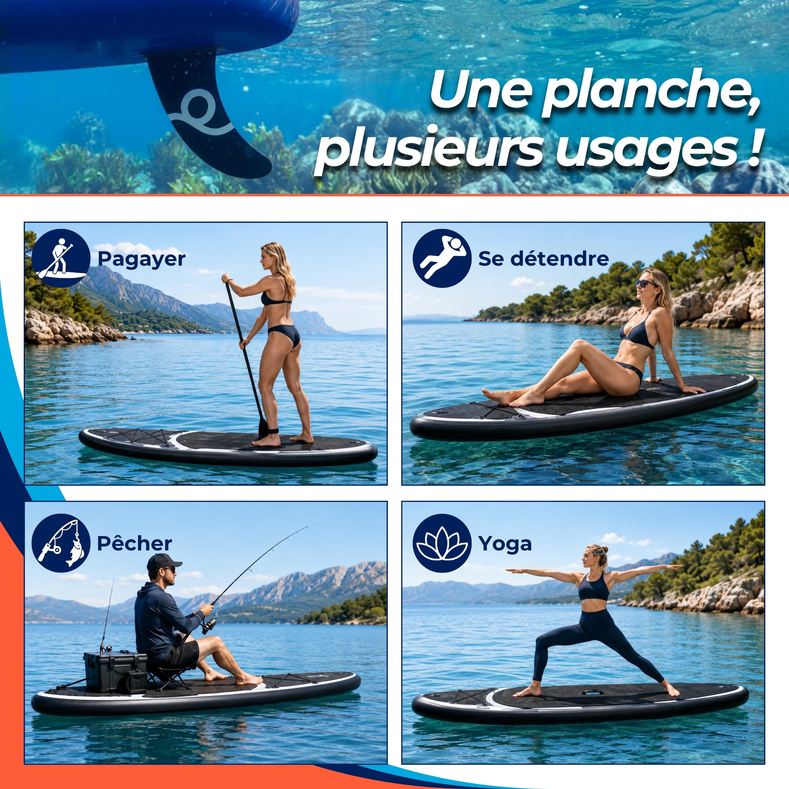 iSUP Kit de planche à pagaie gonflable - Système complet - 320 à 350 cm - Planche à pagaie 2 en 1 - Siège de kayak - Pagaie - Sac à dos - Pompe - Laisse - 3 ailerons Dropstitch - Planche de