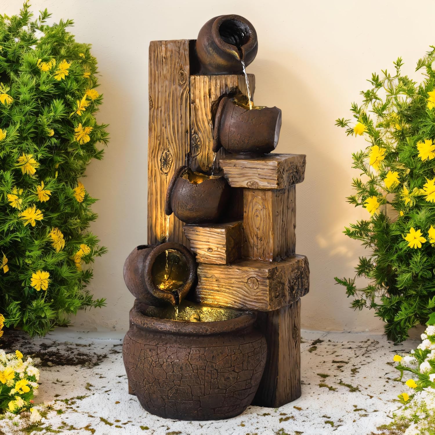 5-Tiered Garden Waterfall Fountain Outdoor - 40''H Water Fountains and Waterfalls, Large Outdoor/Indoor Floor Standing Resin Water Fountain with LED Light for Patio, Garden and Home (Brown)