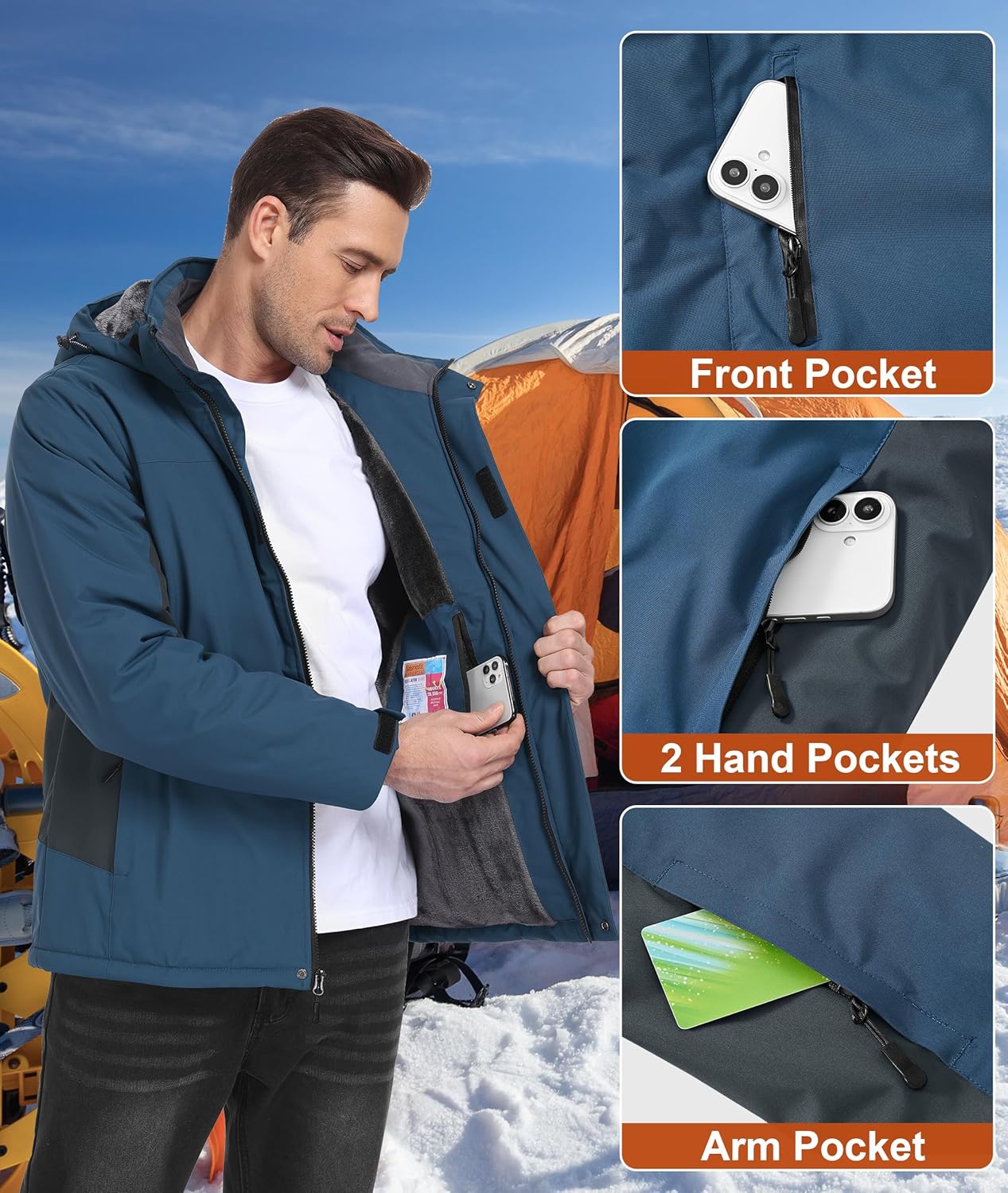 Mens Winter Snow Jacket Waterproof Ski Jackets Snowboard Rain Warm Coat Insulated Hood Fleece Lined - Image 6
