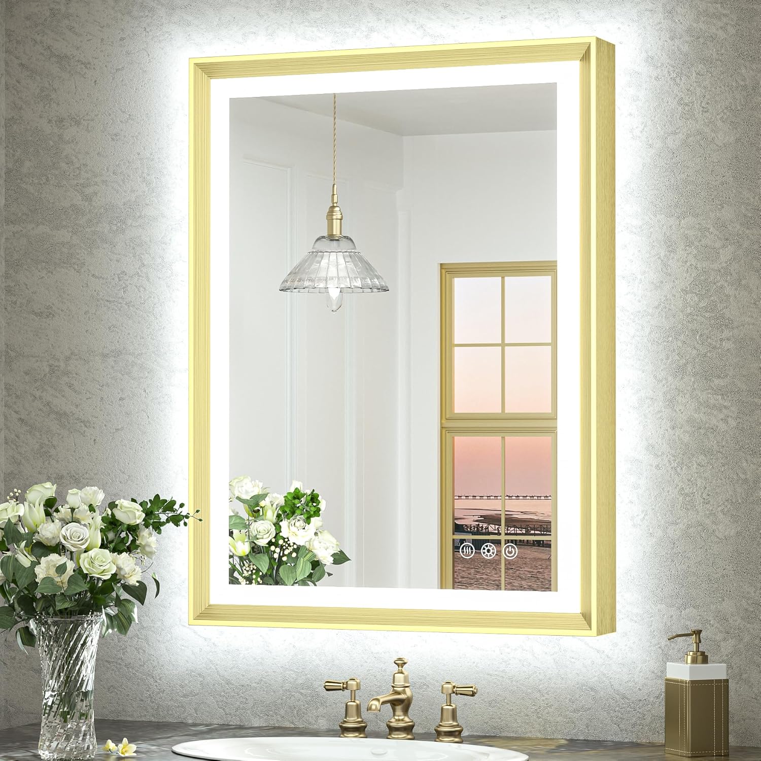 TokeShimi 24x32 Inch LED Bathroom Vanity Mirror with Gold Frame Backlit and Front Lighted Aluminum Rectangle Beveled Edge Tricolors Stepless Dimmable Anti-Fog Memory Function for Wall Decor Gold 24x32IN
