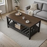 YESHOMY Farmhouse Square Coffee Table with Storage - Rustic Living Room Couch Table for Small Spaces, Brown & Black