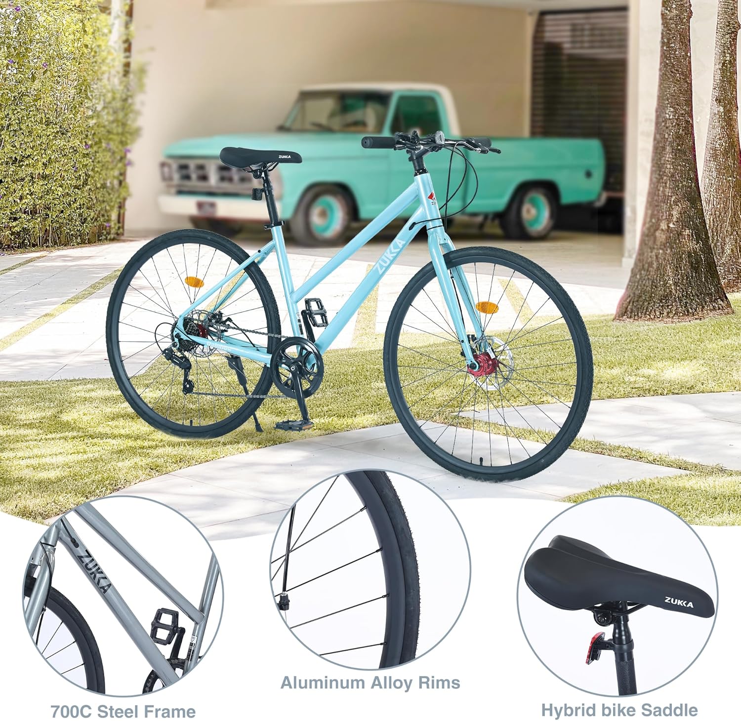 700C Wheel Road Commuter Bike, 700C Road Bike,7 Speeds Shifter, 7 speed Hybrid Road Bicycle with Light Aluminum Alloy Frame for Adult Men and Women，Heavy Duty Racing Bike Up to 330LBS，7 Colors