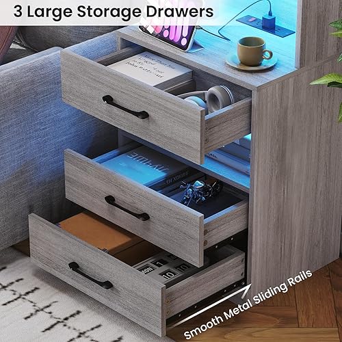 Miniatura 4 de VIAGDO Juego de 2 mesitas de noche altas con estación de carga y luces LED, juego de 2 mesitas de noche grises con estantería, modernas mesas de