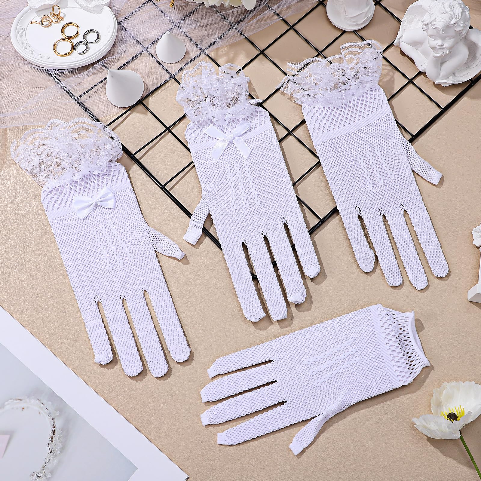 12 Pares de Guantes de Novia de Tul y Encaje Blanco para Boda, Diseño de Malla de Poliéster Lazos y Piedras para Fiesta y Té