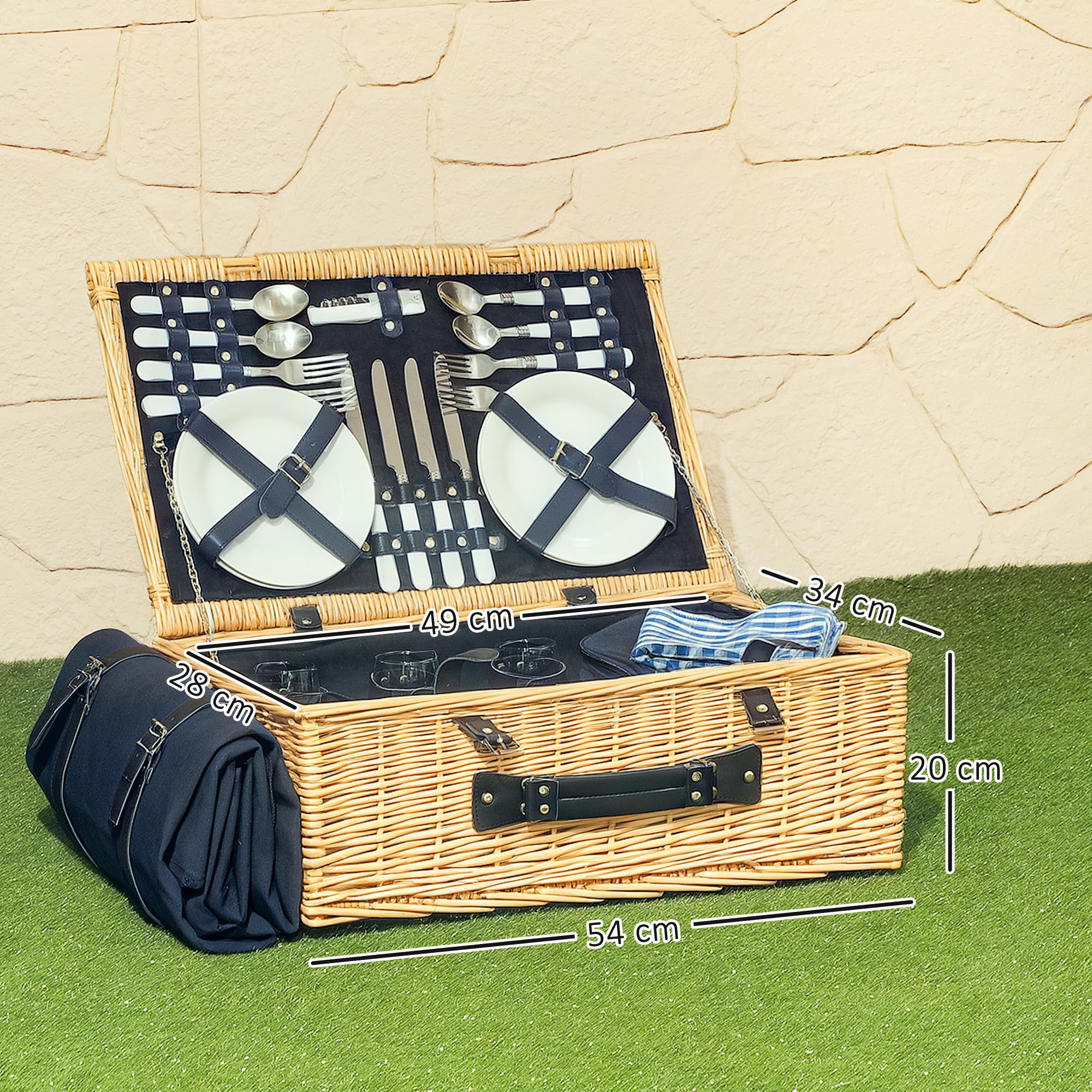 Outsunny Cestino da Picnic in Vimini per 4 Persone, Cesto Picnic con Area Frigo e Accessori Piatti, Bicchieri da Vino, Cucchiai e Forchette, Borsa per Vino, 54x34x20 cm, Color Legno