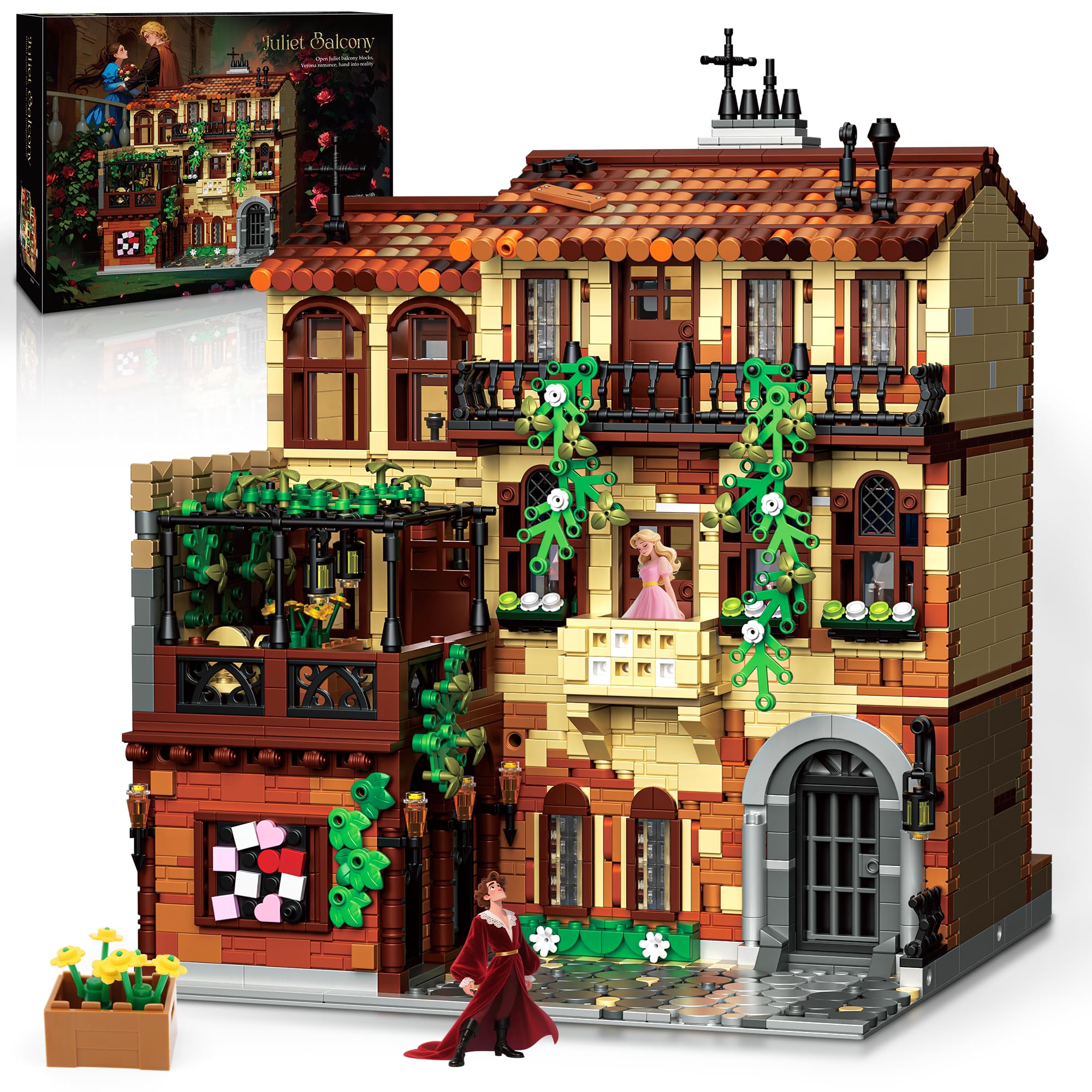 kiothdre Set Costruzione Casa Balcone Verona, 3800PCS Kit Architettura Rinascimentale Italiana con Villa 3 livelli, Balcone e Viticci Edera, Blocchi Costruzioni Grandi per Adulti Adolescenti- Regali