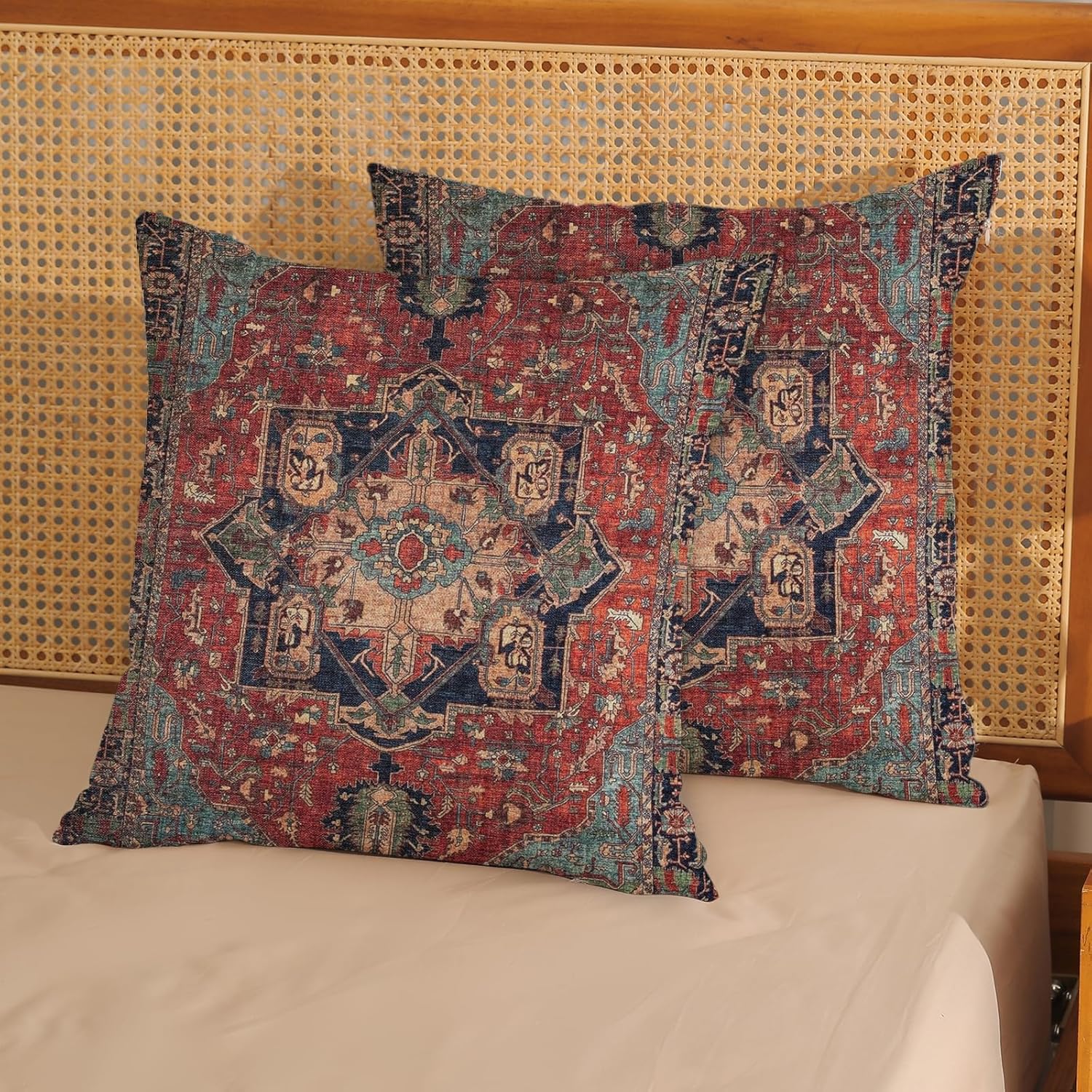 Boho Pillow Covers 18x18 Inch 2 Pcs Vintage Red Carpet Pattern Ethnic Decor Throw Pillows Blue Teal Retro Bohemian Outdoor Farmhouse Decoration Pillowcase Linen Cushion Cover for Couch Sofa Bed - Image 2