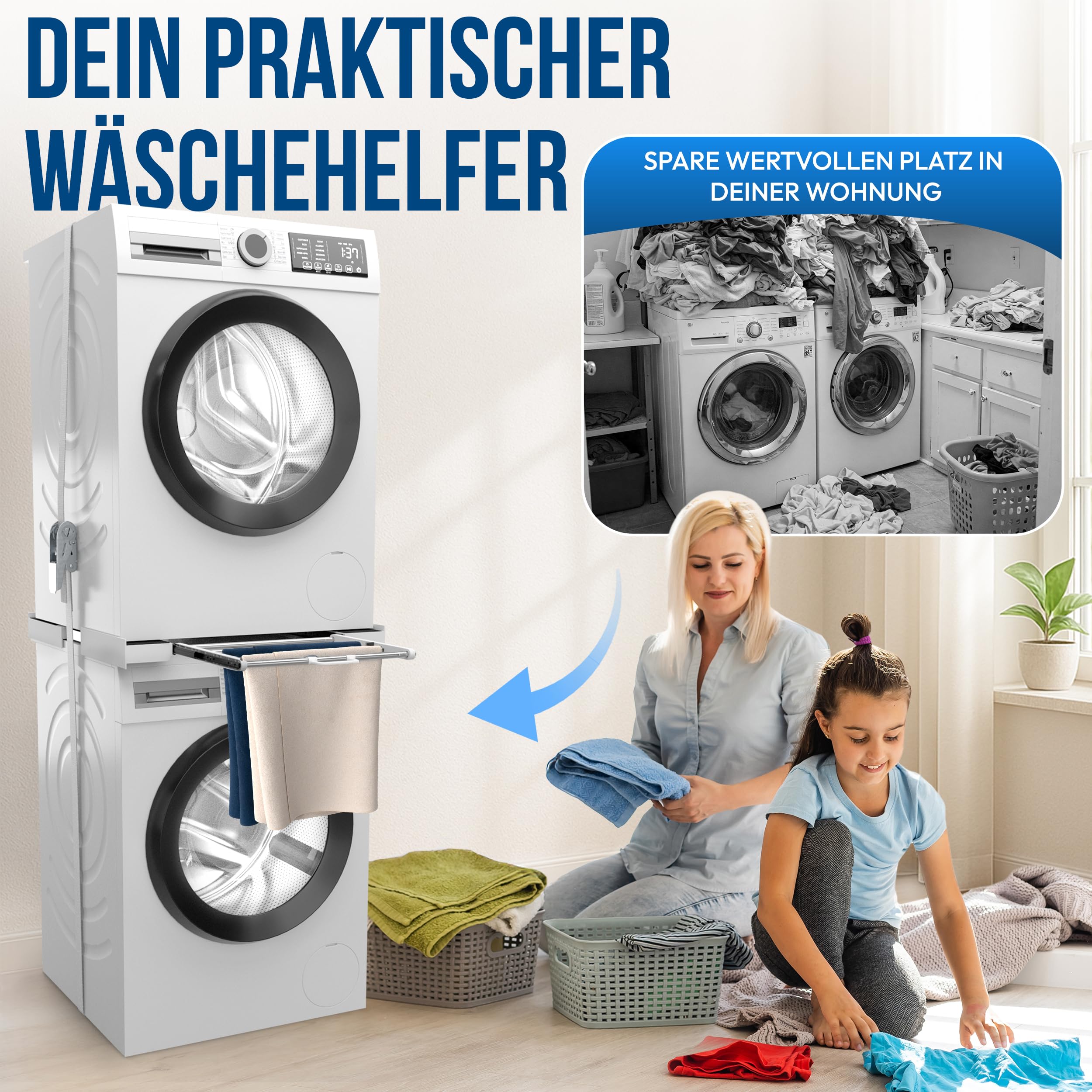 Zwischenbaurahmen mit Wäscheleine, verbindungsrahmen waschmaschine trockner universal - Einstellbare Größe -Verbindungsrahmen Zwischenbausatz mit ausziehbarer Handtuchhalter