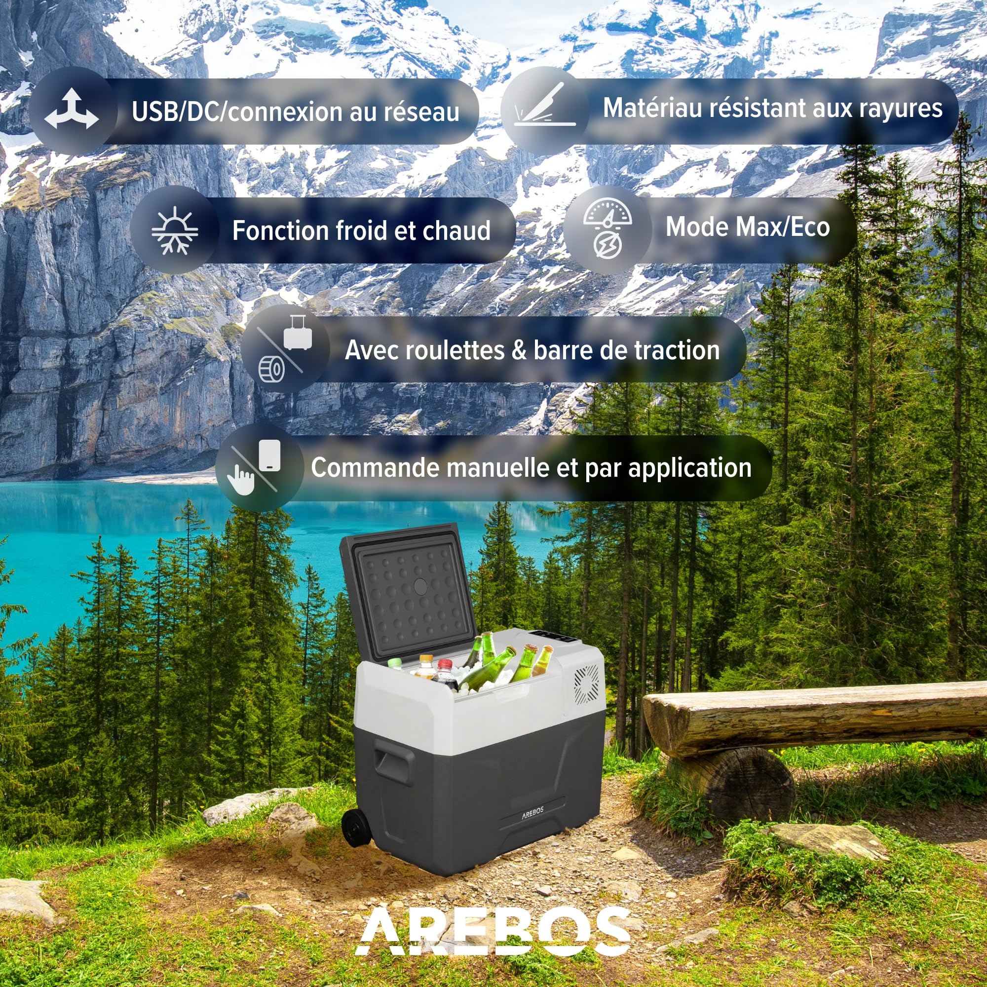 Arebos Glacière à compresseur avec roulettes 39 litres | avec Commande APP pour Refroidir, congeler et Maintenir au Chaud | Réfrigérateur jusqu'à -20 °C | Glacière pour Voiture