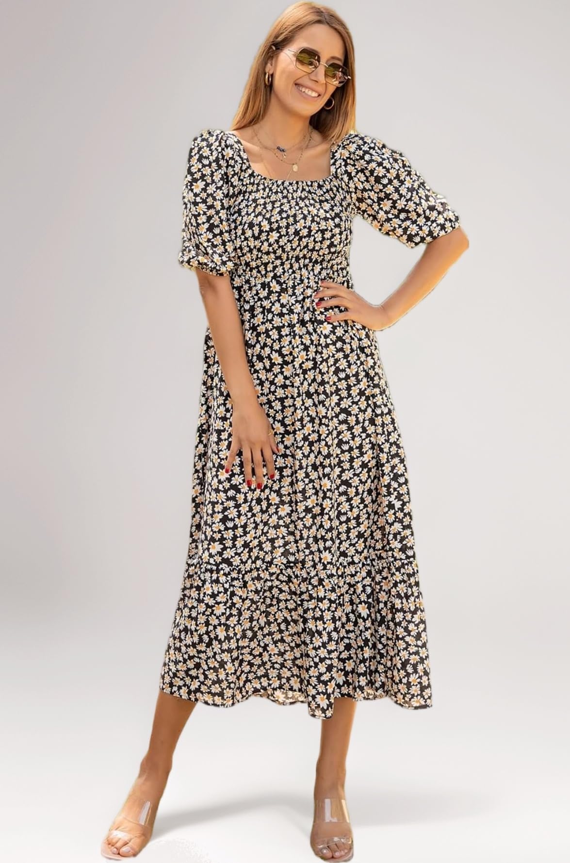 Sheetal Associates Women's Casual Flower Print Puff Sleeves Maxi Dress - Pack of 1