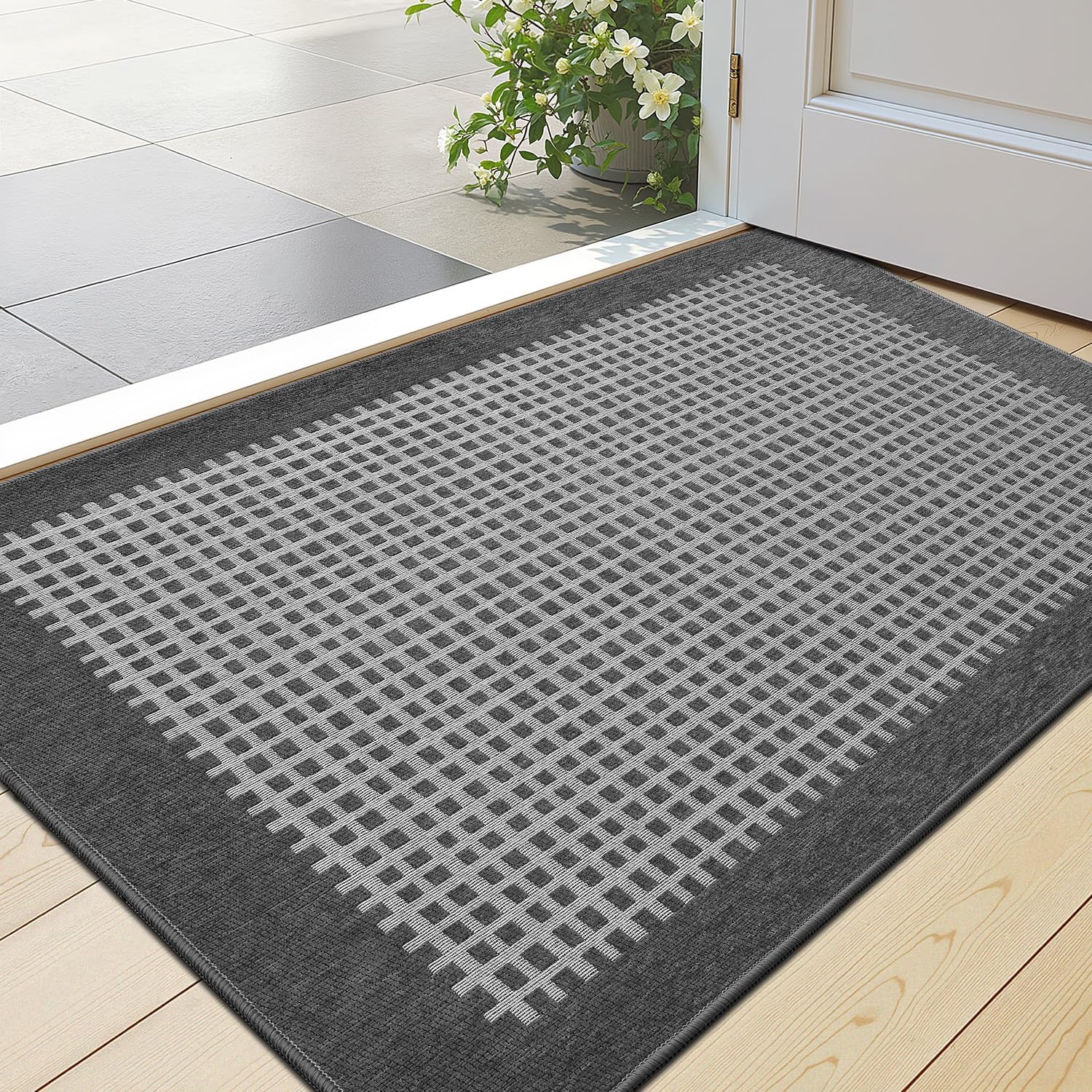 LUMI Inside Door Mat for Entry 24''x36'', Absorbent, Dirt Trapper, Low Profile Thin, Non Slip Mats with Rubber Backing, Ideal for Indoor, High Traffic, Garage, Entrance, Checkered Grey