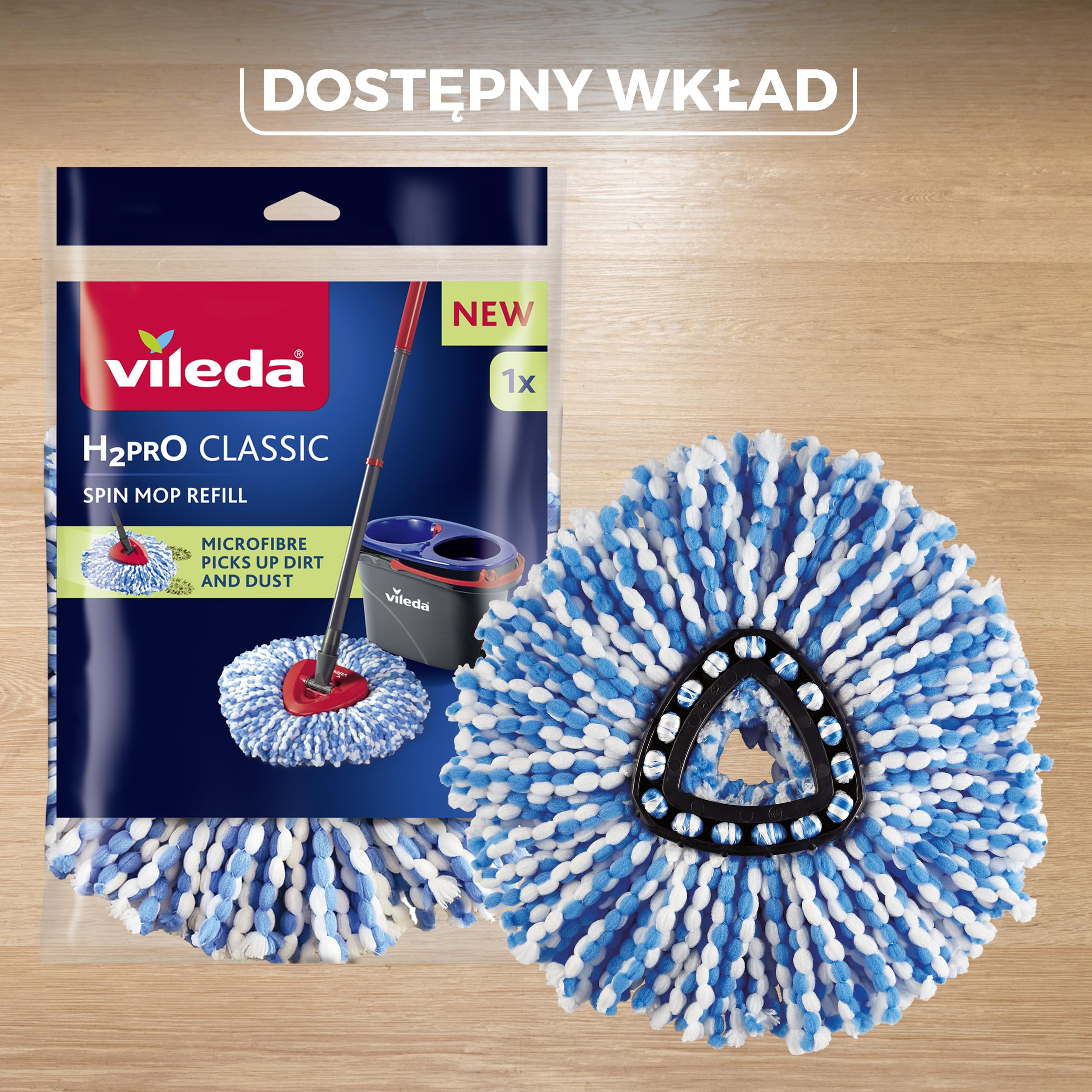Vileda H2PrO zestaw mop z wiadrem – system 2 zbiorników z funkcją wyciskania | oddzielna woda czysta i brudna | mop z mikrofibry do paneli, płytek i parkietu