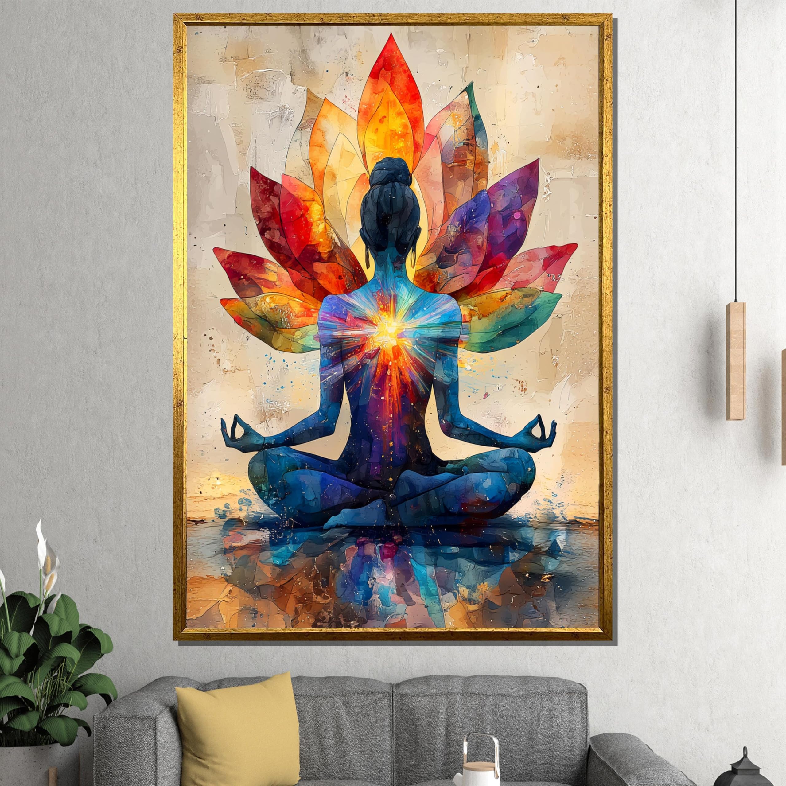 XBTYKPB Chakra Yoga Canvas Painting – Colorful Spiritual Wall Art with Lotus Energy, Ready to Hang Zen, Meditation Decor Homes(80x110cm/Frameless)