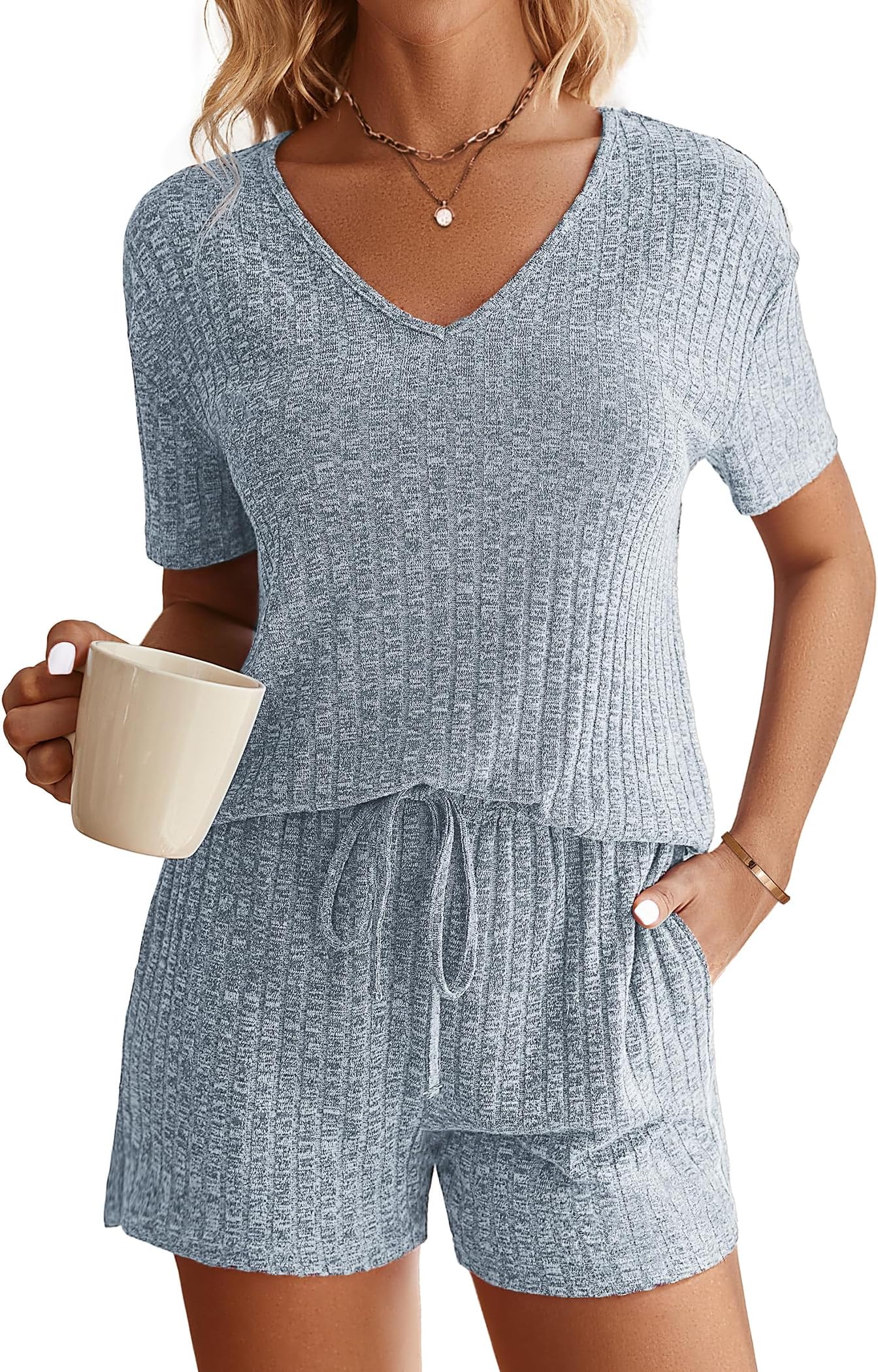 EkouaerWomens Ribbed Knit Lounge Set Short Sleeve Top and Shorts Sleepwear Pajama Set Two Piece Shorts Outfits Set