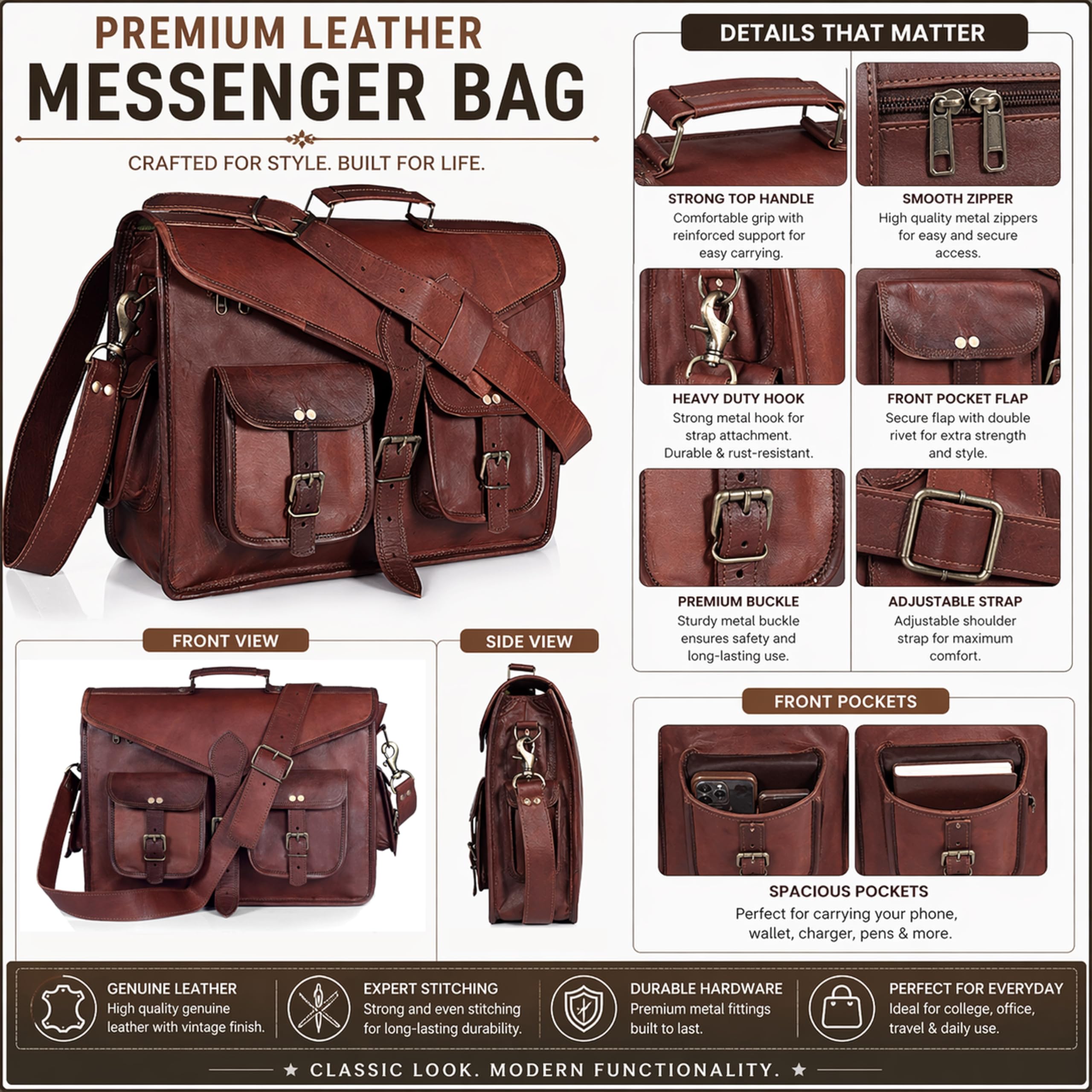 Bolso bandolera para portátil de 17.5 pulgadas, bolso de hombro de lona de cuero vintage, bolsas duraderas para computadora, maletines de negocios, bolsas de trabajo para hombres y mujeres, marrón, 18