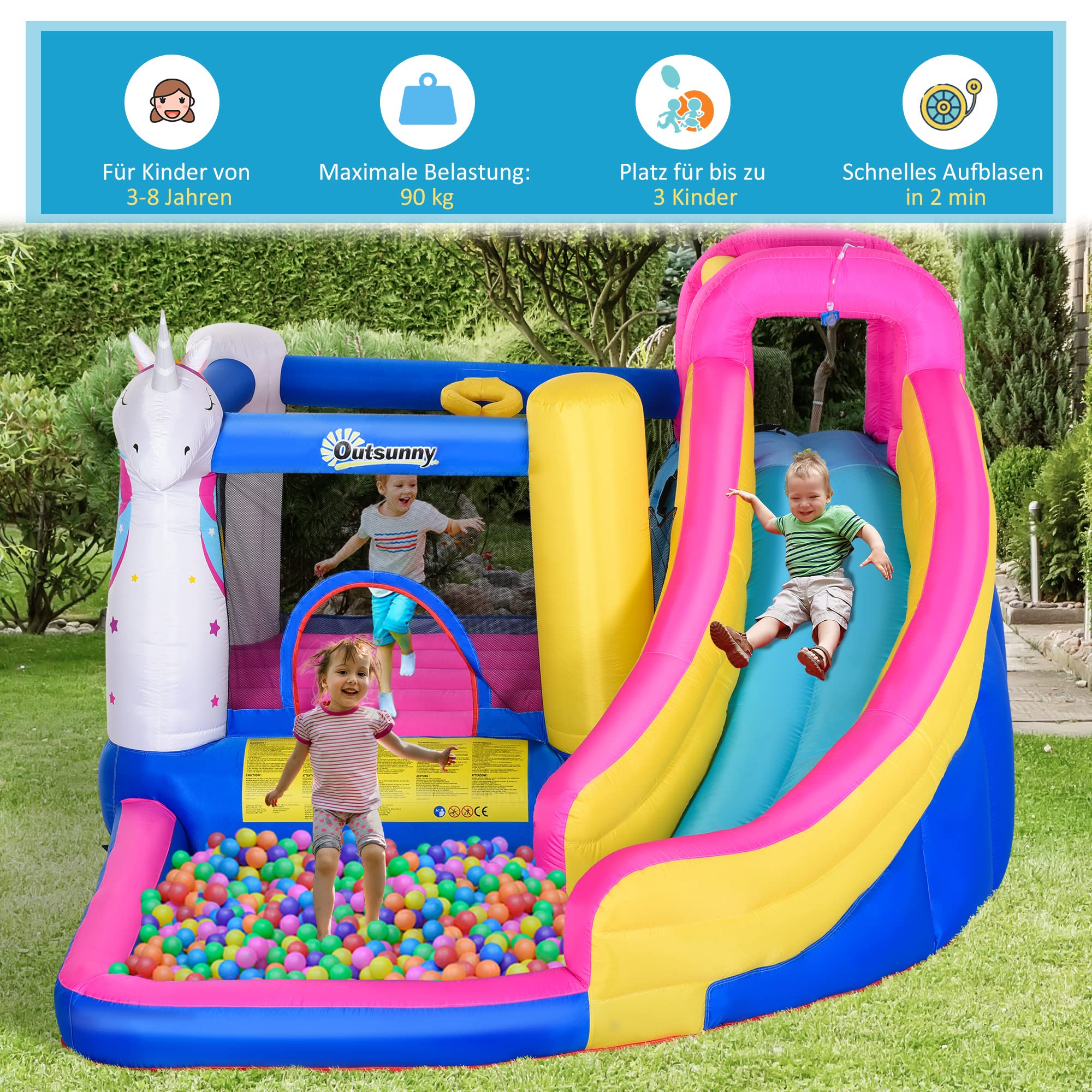 Outsunny Hüpfburg mit Gebläse 5 in 1 aufblasbare Wasserpark im Einhorn-Design mit Wasserrutsche Planschbecken Trampolin Basketballkorb Hüpfburgen für 3–8 Jahre Kinder für Indoor Outdoor 360x305x210 cm
