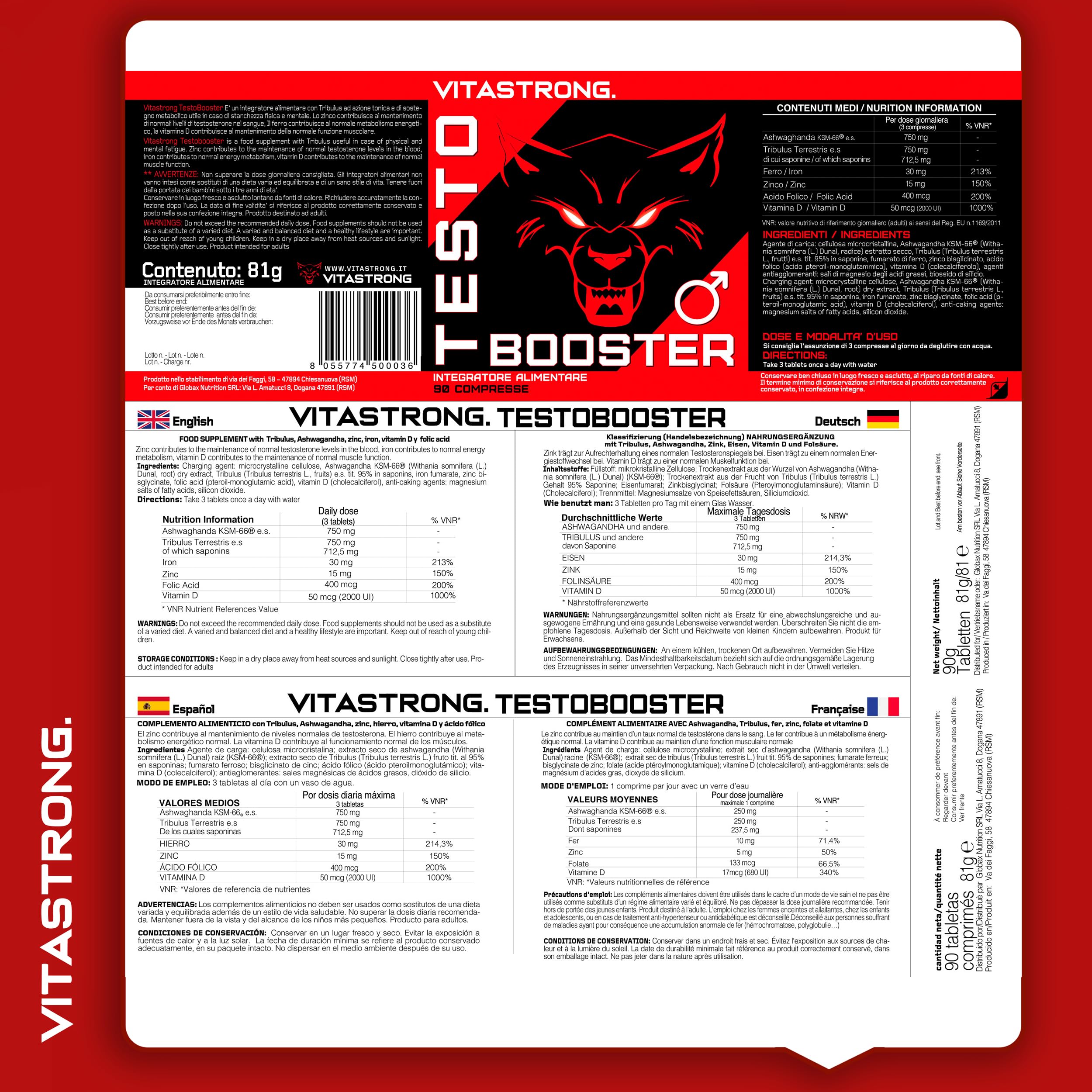 Testo Booster Fórmula con Ashwagandha KSM-66 Pura, Tribulus Terrestris, Bisglicinato de Zinc, Vitamina D, Acido Folico y Hierro Suplemento, 90 Comprimidos con Vitamina D para Función Muscular Normal