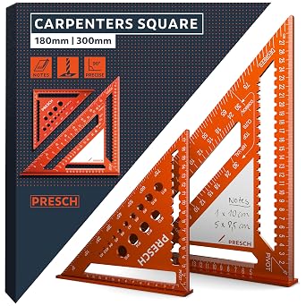 Presch Carpenters Square Set | 180mm & 300mm | Innovative wipeable note surface | Smart drilling guide for exact diameters | High-precision milled aluminum for permanently accurate 90  angles