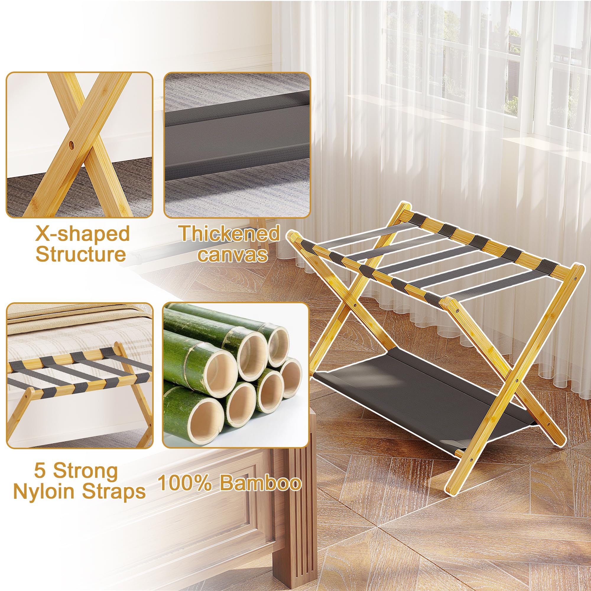 BAMBOOHOMIE Bambus-Gepäckständer für Gästezimmer, 26,77 Zoll faltbarer Kofferständer mit Stoffablage, verstärkter Kofferhalter für Hotel & Schlafzimmer, Gepäckablage für Koffer (2er-Set, Natur)